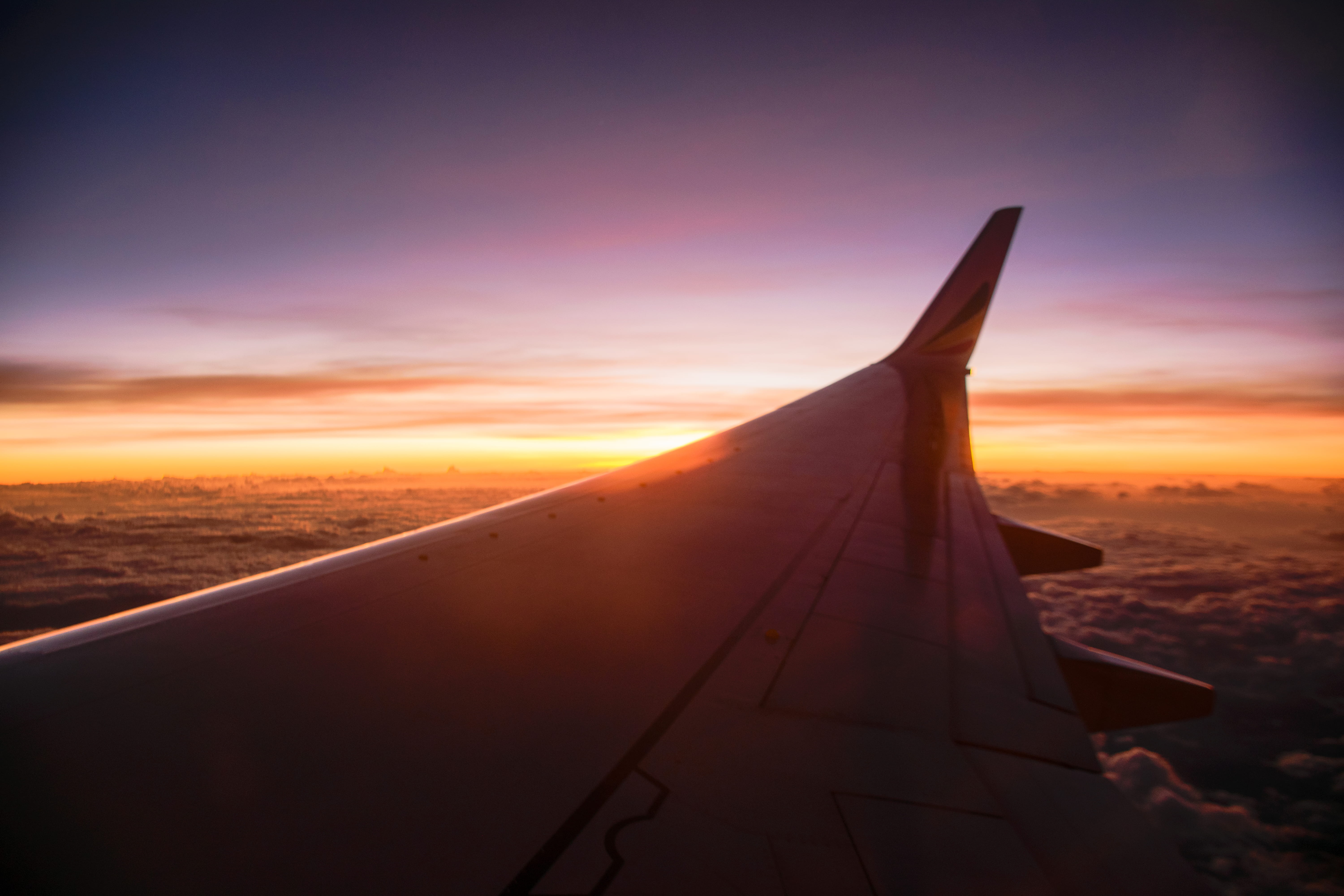 airplane, dawn, white, evening, horizon, clouds, journey, mountain, flight, ocean, sunset, outdoors, scenic, vehicle, transportation system, travel, 5K, HD Wallpaper