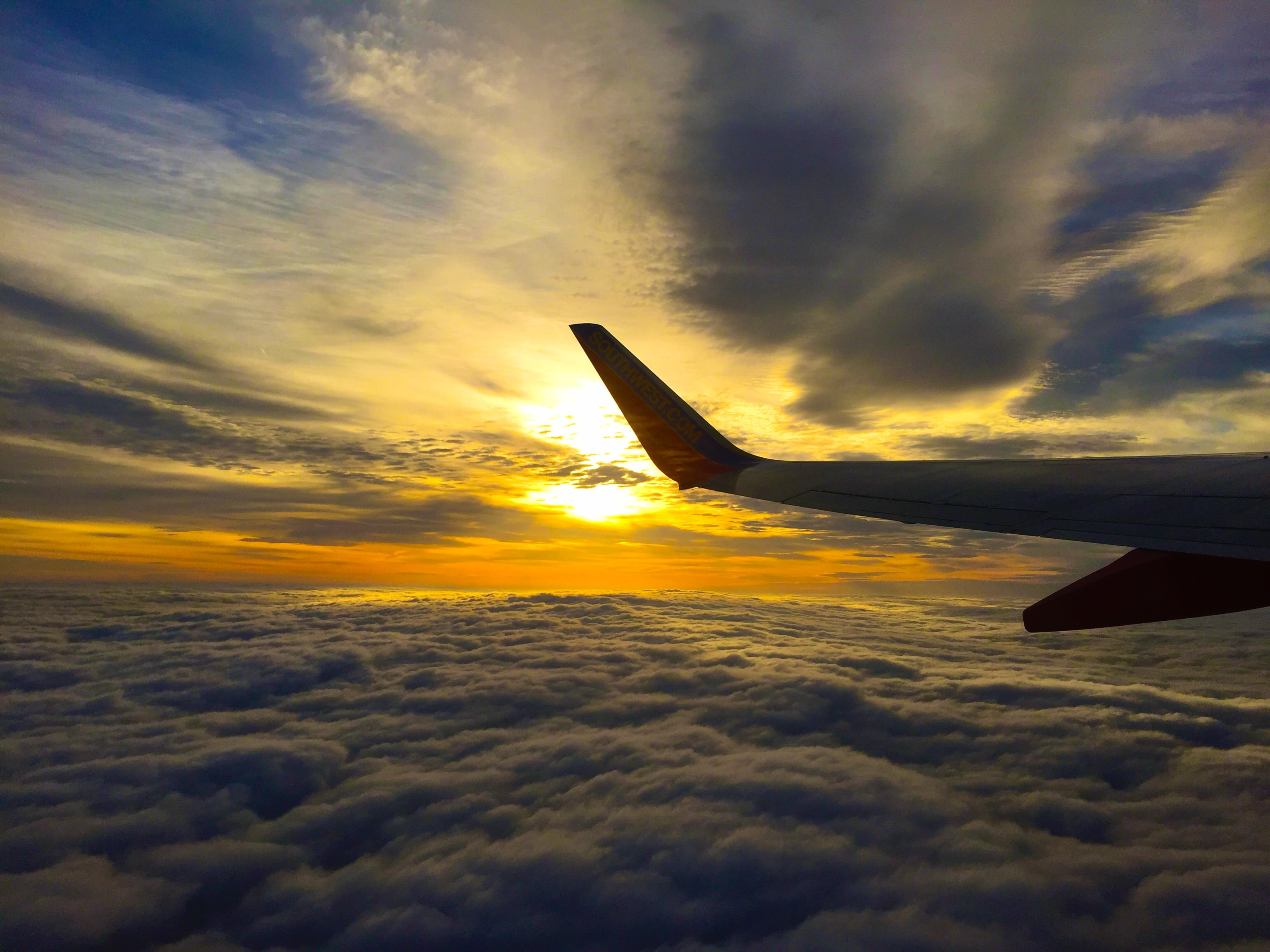 airplane, clouds, plane, part, silhouette, dramatic sky, 2K, trip, sun, transportation, golden, beauty in nature, air vehicle, view, flight, cloudscape, HD Wallpaper