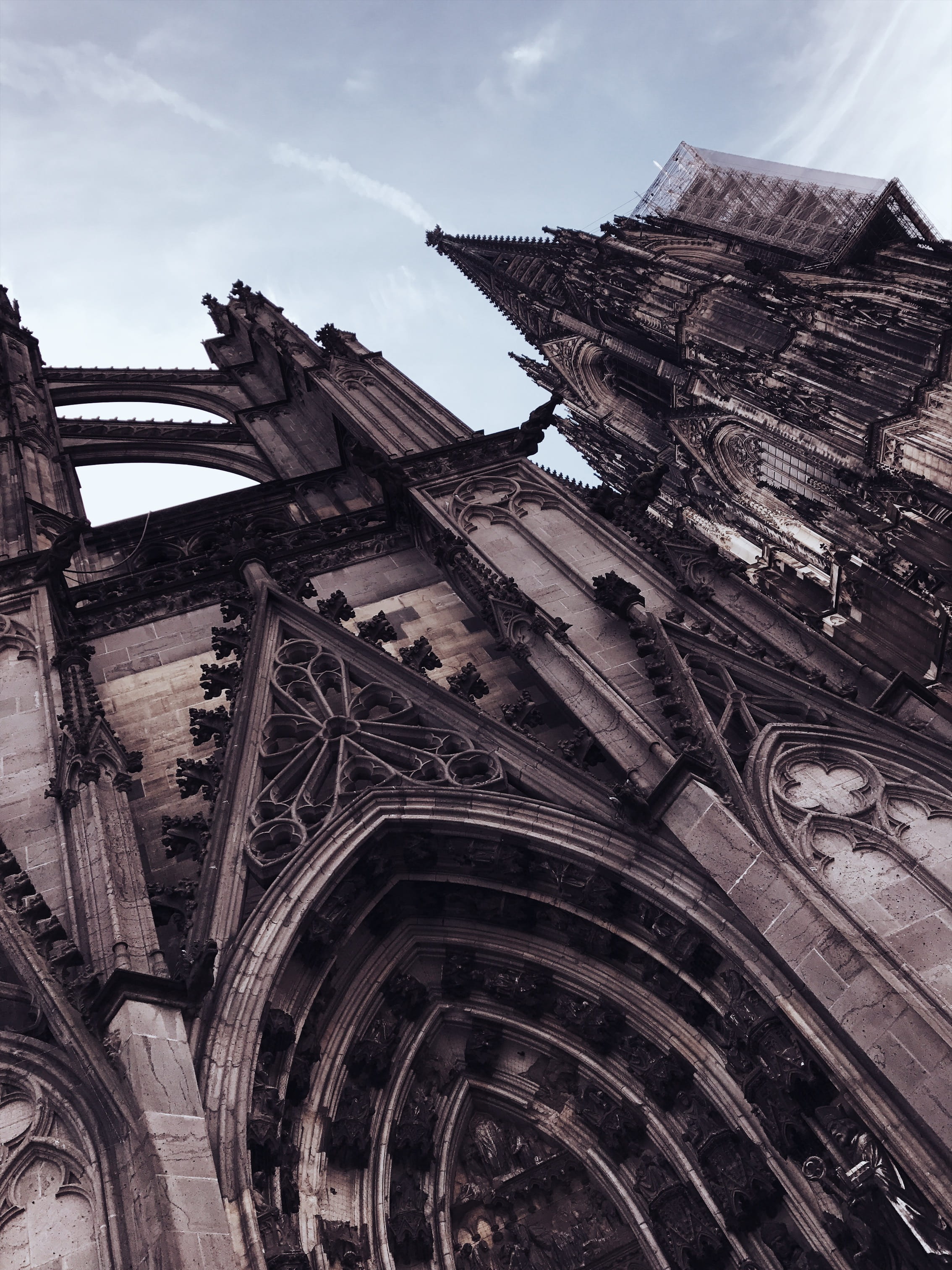 low angle view, cloud - sky, gothic style, church, cologne, city, the past, religion, day, nature, belief, wanderlust, travel, spirituality, built structure, Phone HD Wallpaper