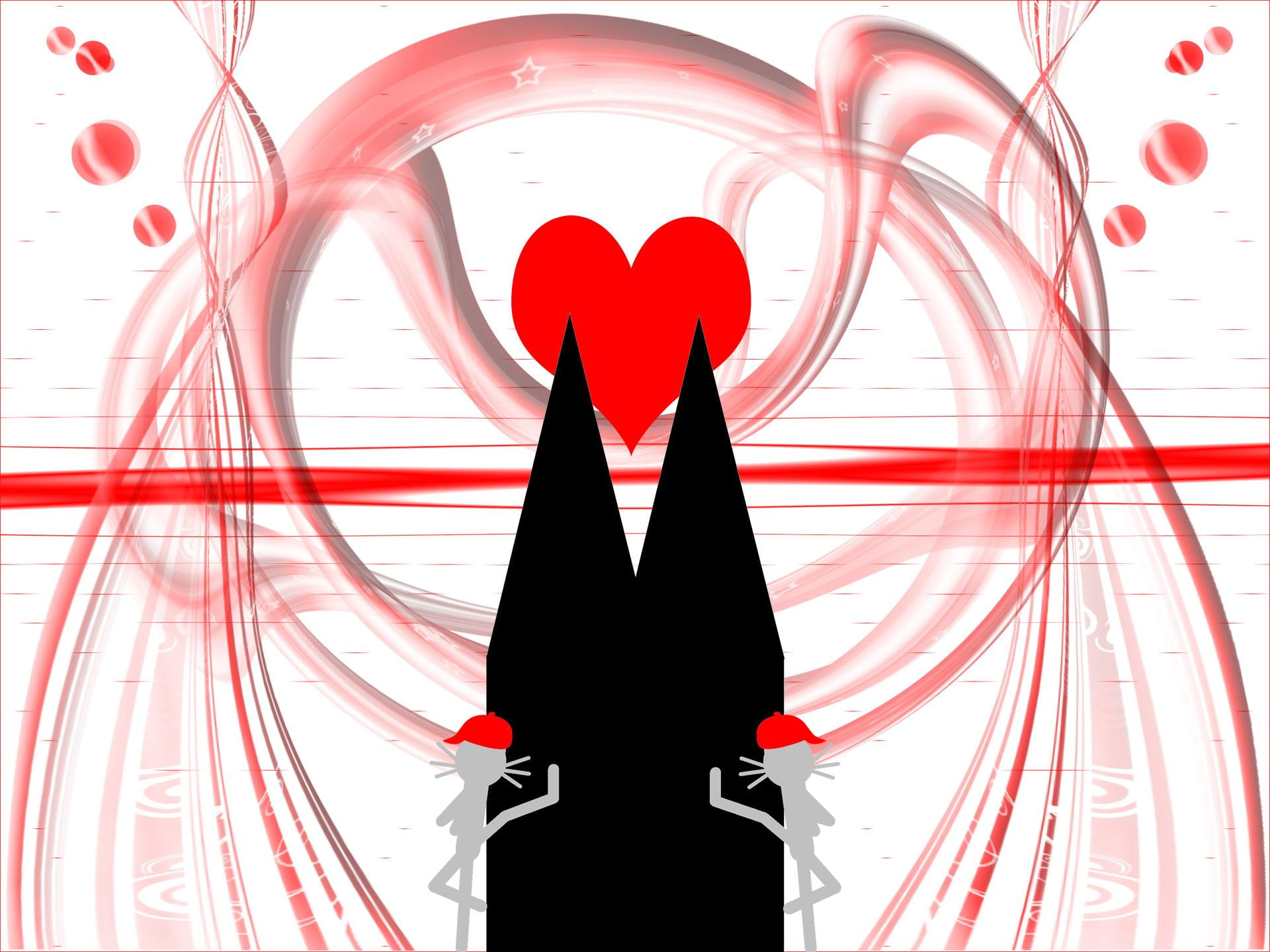 heart, red, cat, pets, kittycat, couple, illustration, animals, cologne, cathedral, black, windows, cats, white, 1080P, HD Wallpaper