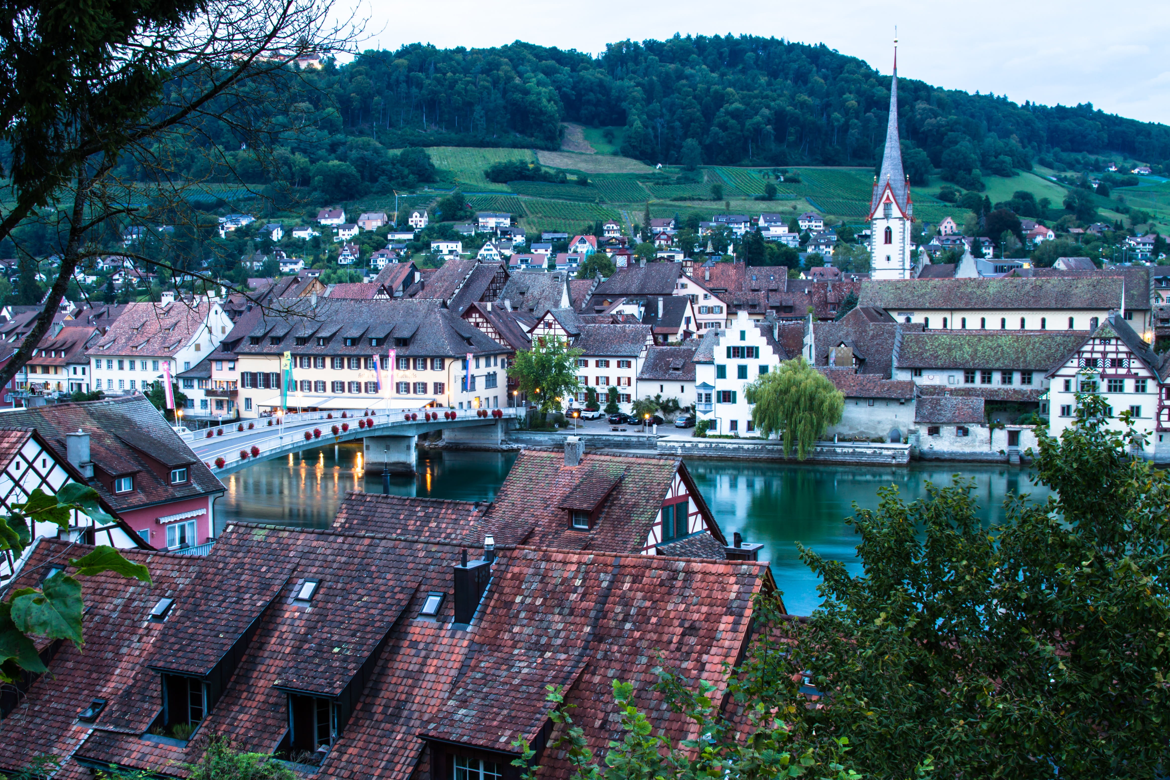 house, evening, 4K, outdoors, rhine, stein am rhein, day, residential district, city, nature, water, roof tile, roofs, tree, high angle view, built structure, HD Wallpaper