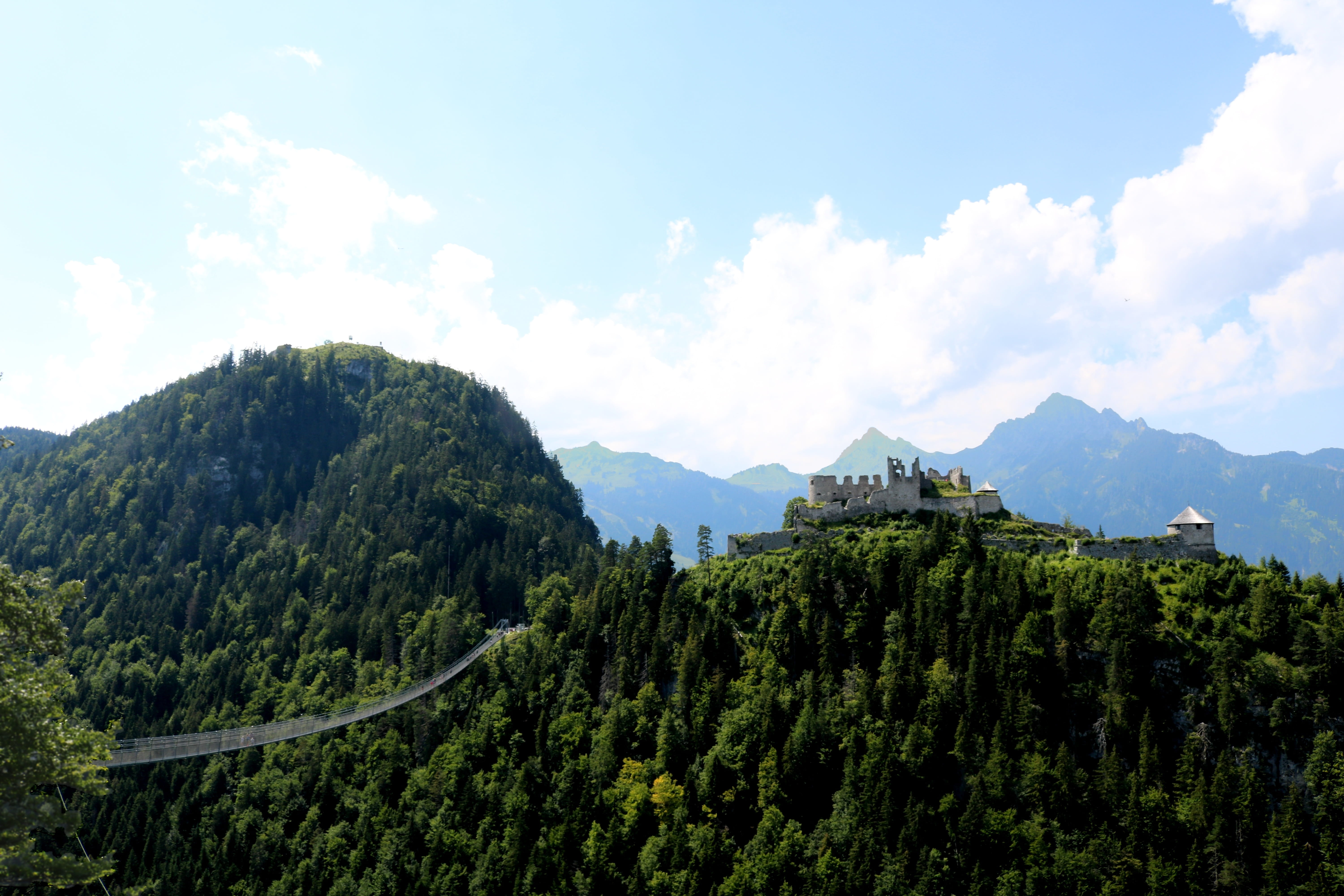 ruin, austria, ehrenberg, highline179, tree, land, non-urban scene, landscape, idyllic, reutte, mountain, tourist attraction, suspension bridge, rope bridge, HD Wallpaper