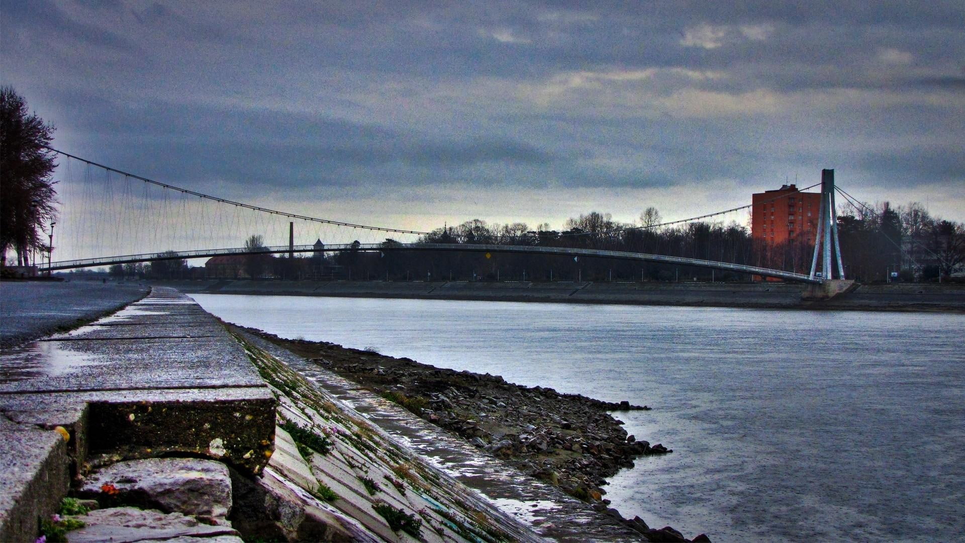 grey, bank, city, bridge, river, footbridge, rain, nature and landscapes, suspension, 1080P, HD Wallpaper