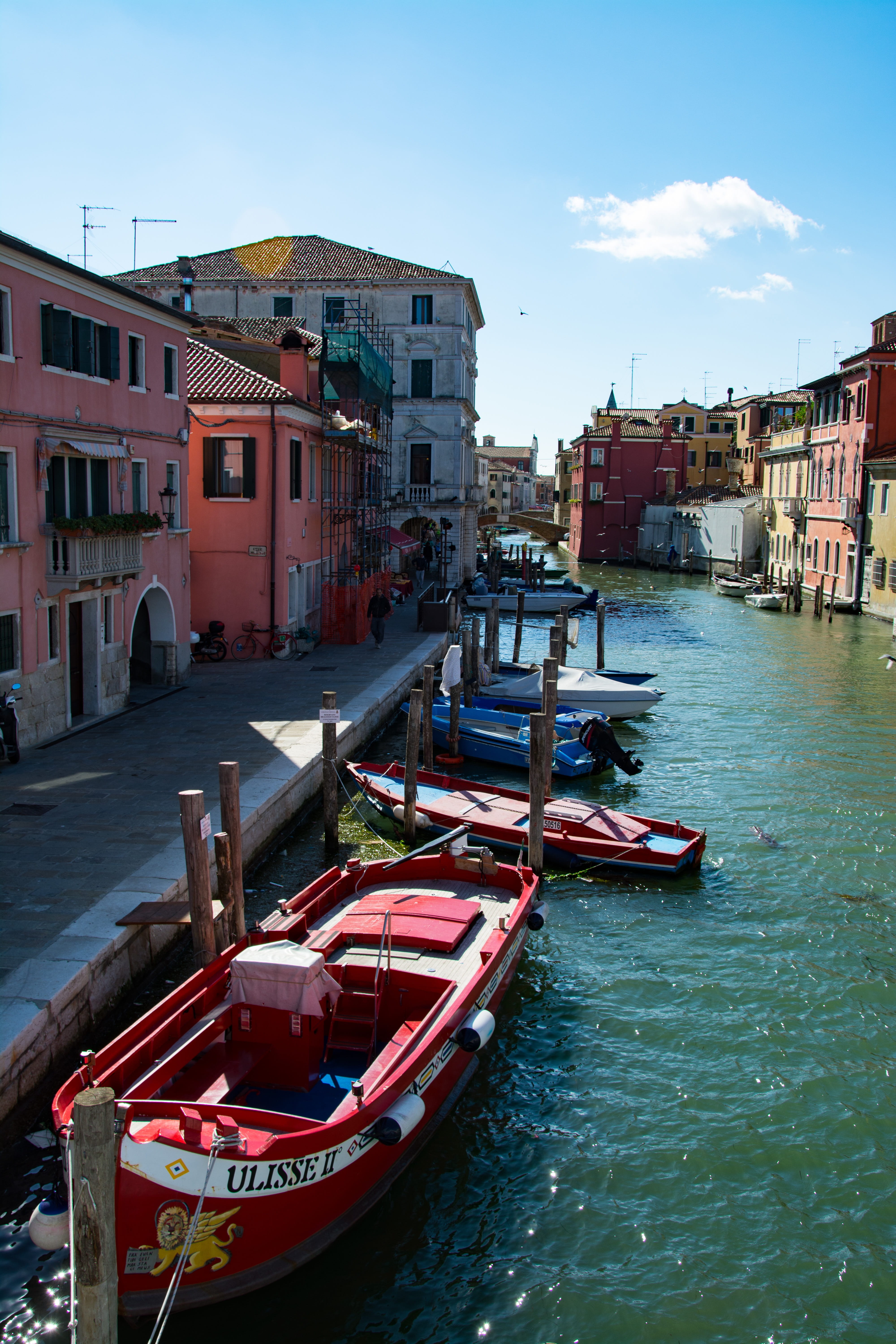 sea, canal, building exterior, italy, day, building, chioggia, water, wooden post, residential district, colourful houses, sky, travel destinations, nautical vessel, Phone HD Wallpaper