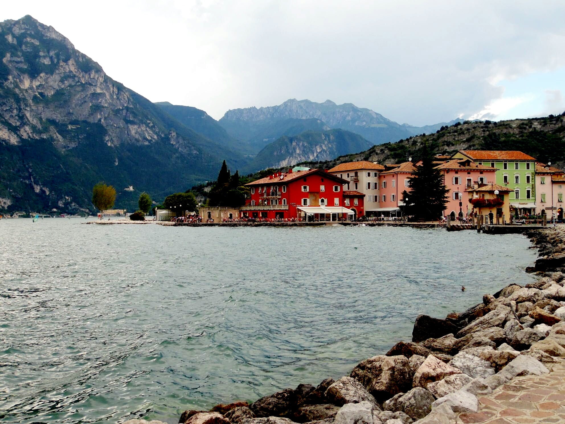 garda, homes, residential district, 1080P, cloud - sky, outlook, sky, water, day, building, mountain range, bank, landscape, port, outdoors, no people, HD Wallpaper