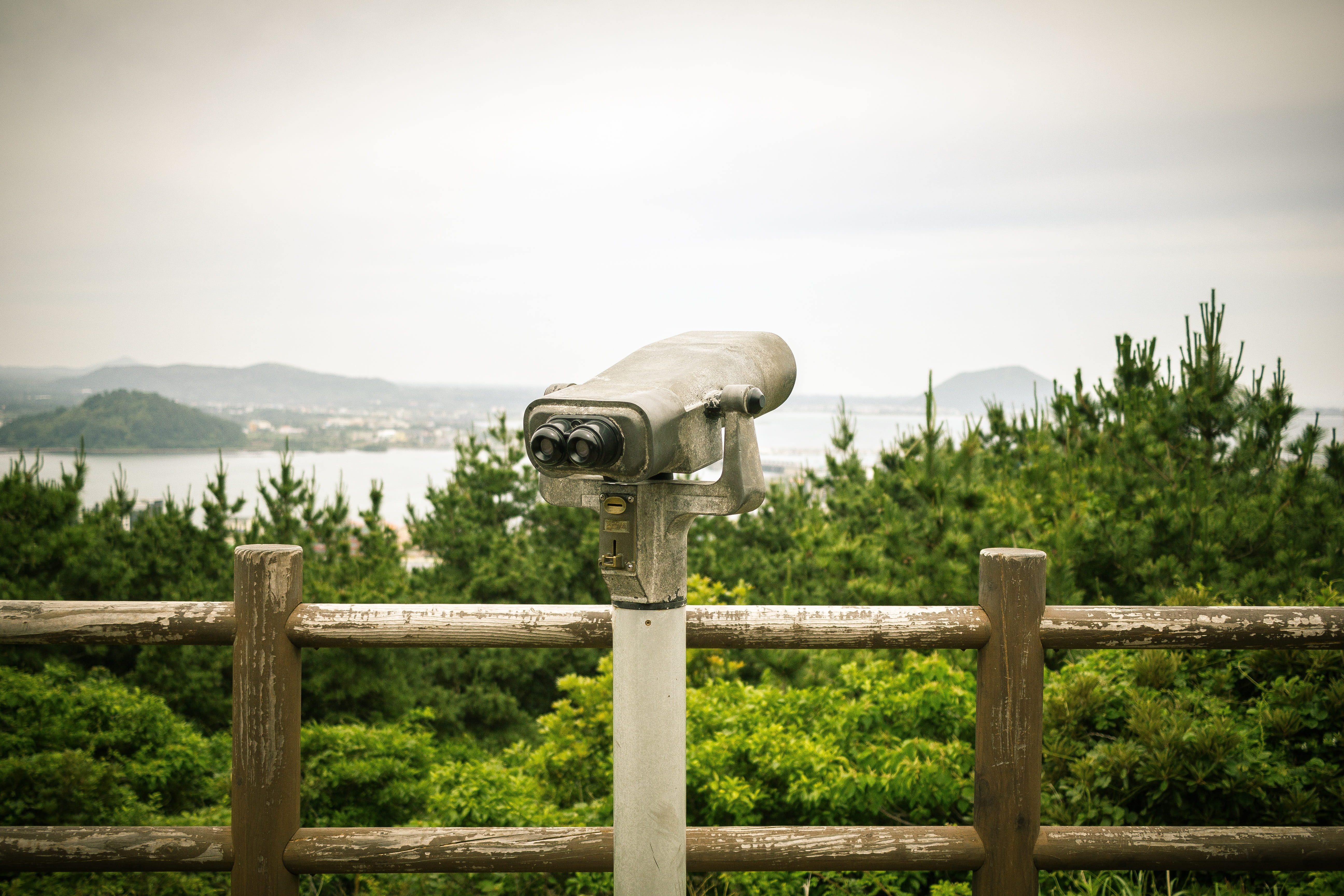 surveillance, outdoors, tree, halla, water, scenery, binoculars, coin-operated binoculars, wood, fence, nature, no people, jeju island, telescope, railing, HD Wallpaper