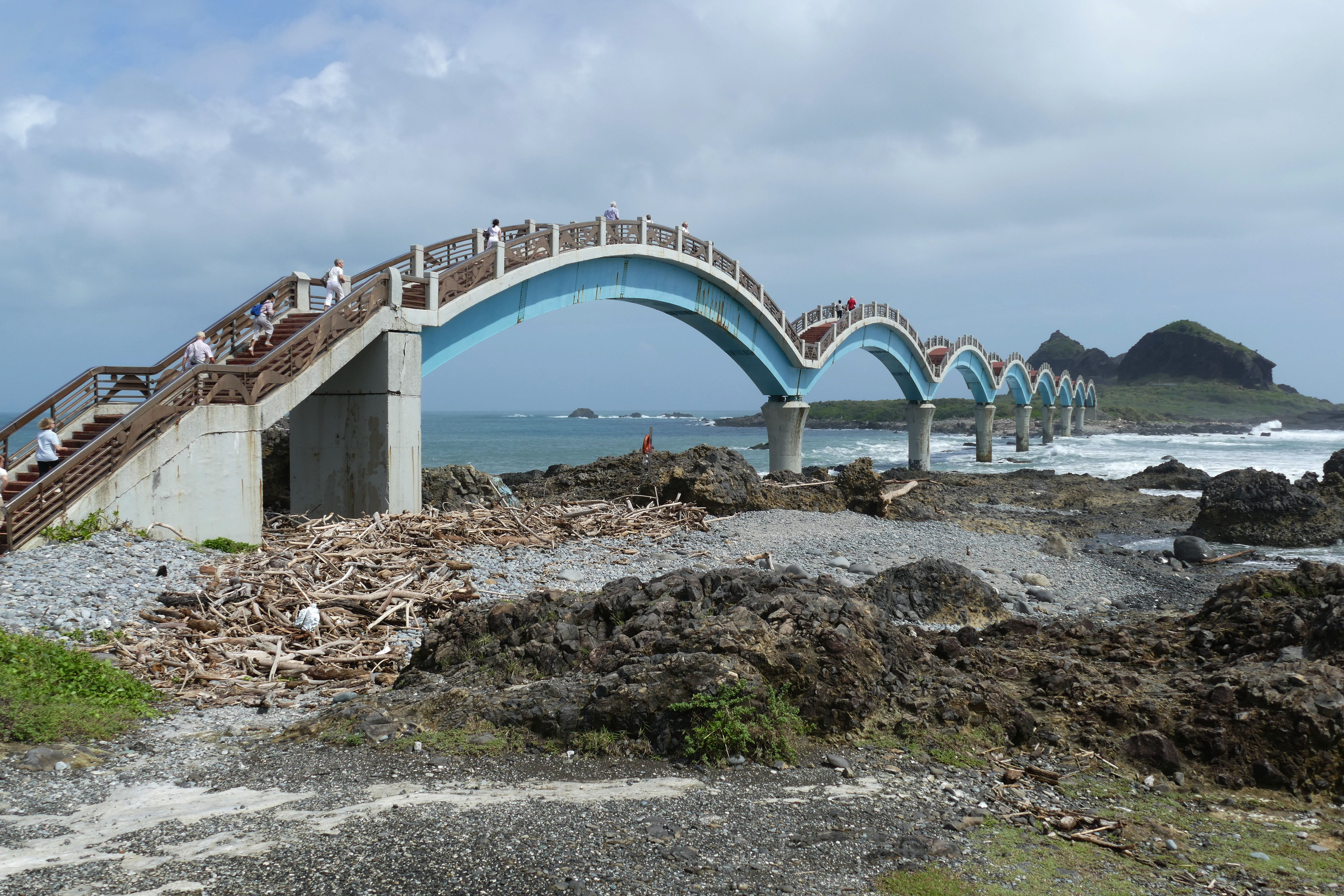 tourism, built structure, arch bridge, pedestrian, rock, sea, connection, arch, bank, china, transportation, 5K, sanxiantai, nature, building exterior, HD Wallpaper