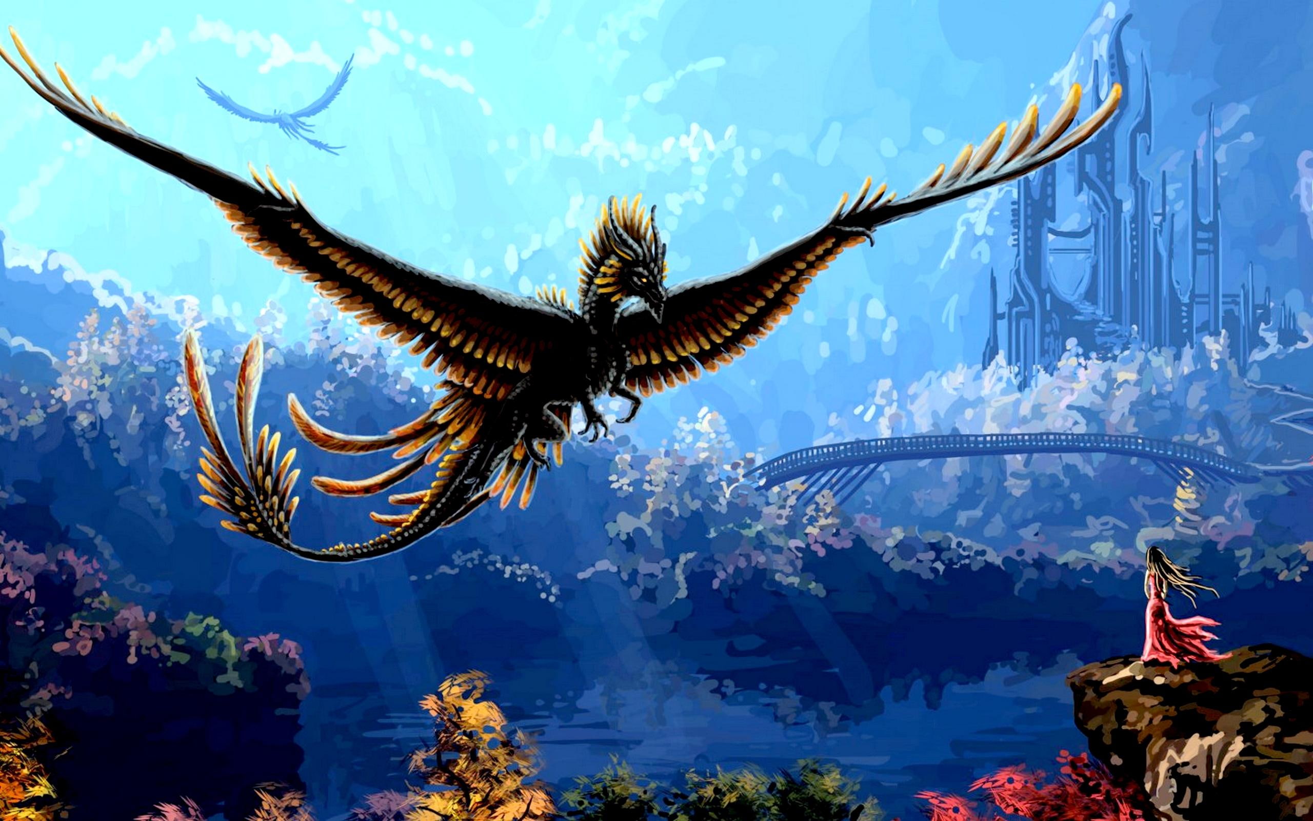 dragon, fantasy, wings, leaves, water, 3d and abstract, dress, illustration, bridge, 2K, trees, flight, girl, HD Wallpaper