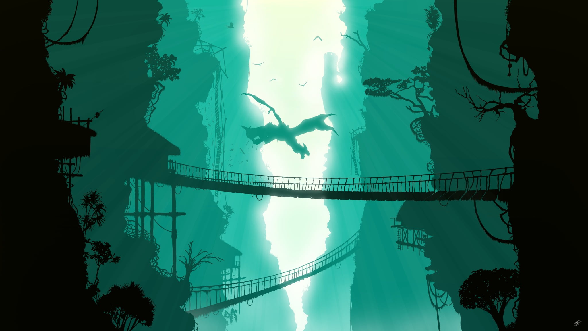 nature, silhouette, real people, swimming pool, plant, tranquility, waterfront, digital art, trees, turquoise colored, dragon, architecture, sky, tree, HD Wallpaper