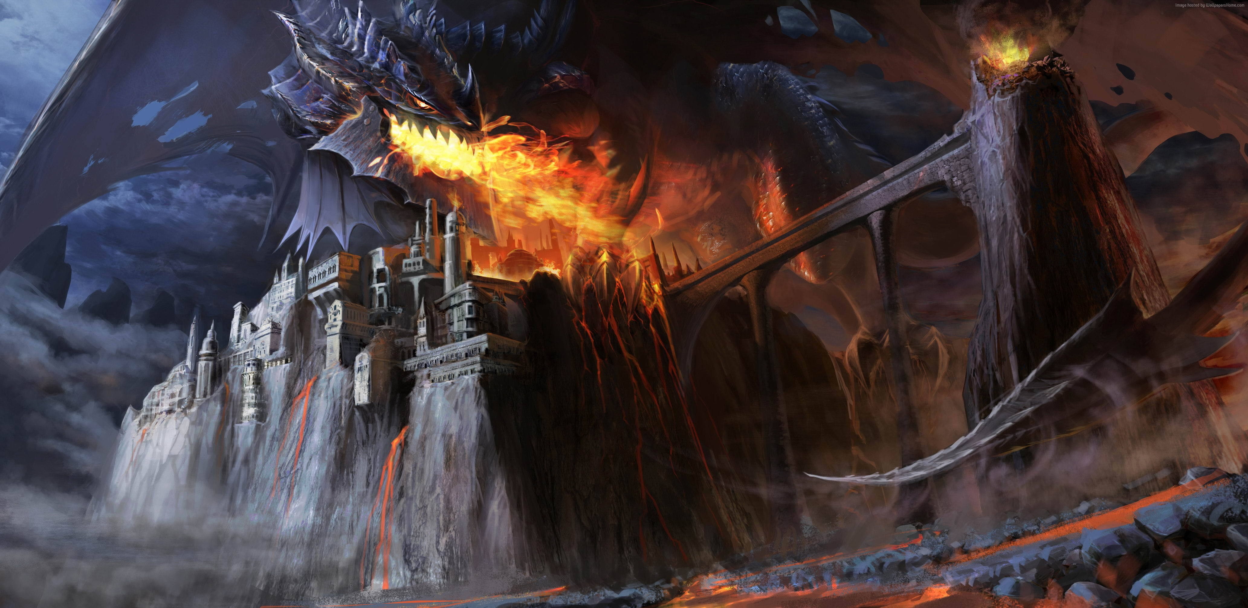 black, Dragon, lava, castle, bridge, fantasy, smoke, fire, 4K, art, HD Wallpaper