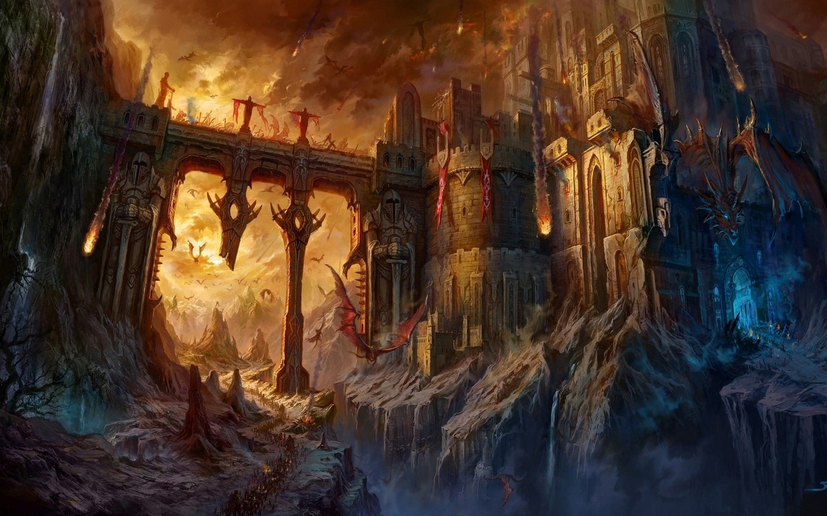 fantasy, 720P, x, art, drawings, artwork, architecture, hd, castles, dragons, bridges, HD Wallpaper