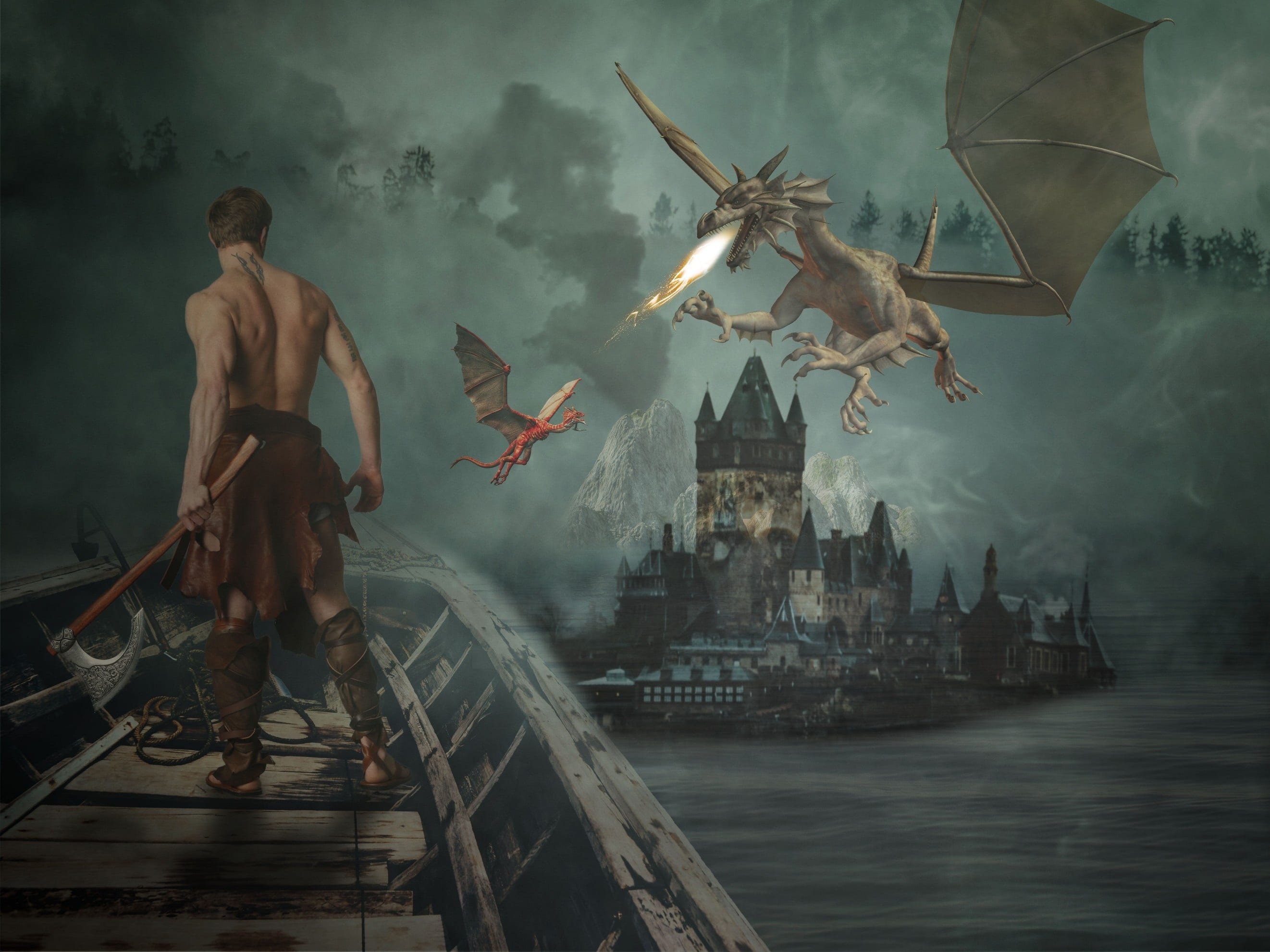 architecture, castle, white, flying, fire, cloud - sky, built structure, water, a, digital composite, fantasy, motion, dragon, boot, young adult, fog, human, HD Wallpaper