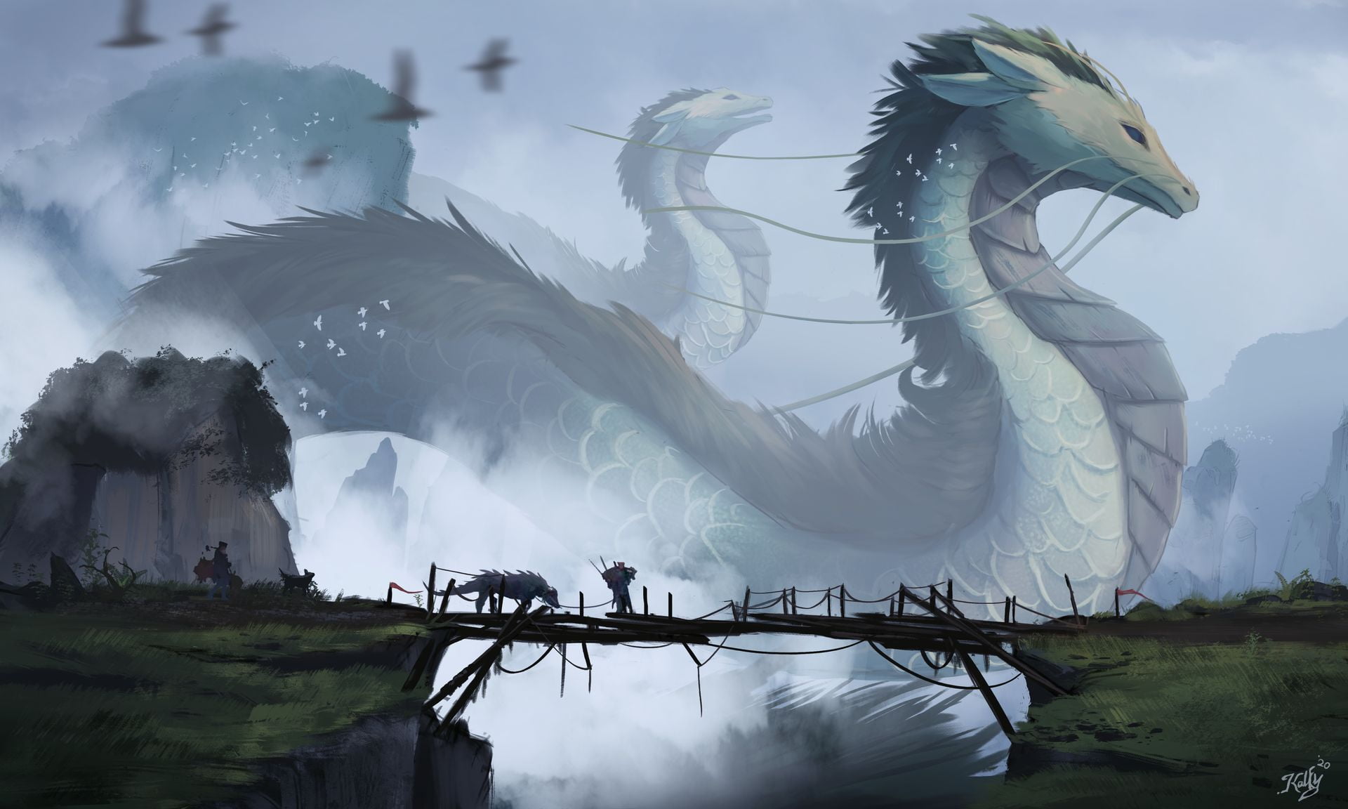 people, rocks, 1080P, grass, fantasy art, digital, dragon, wooden bridge, giant, mist, birds, Kalfy, artwork, HD Wallpaper