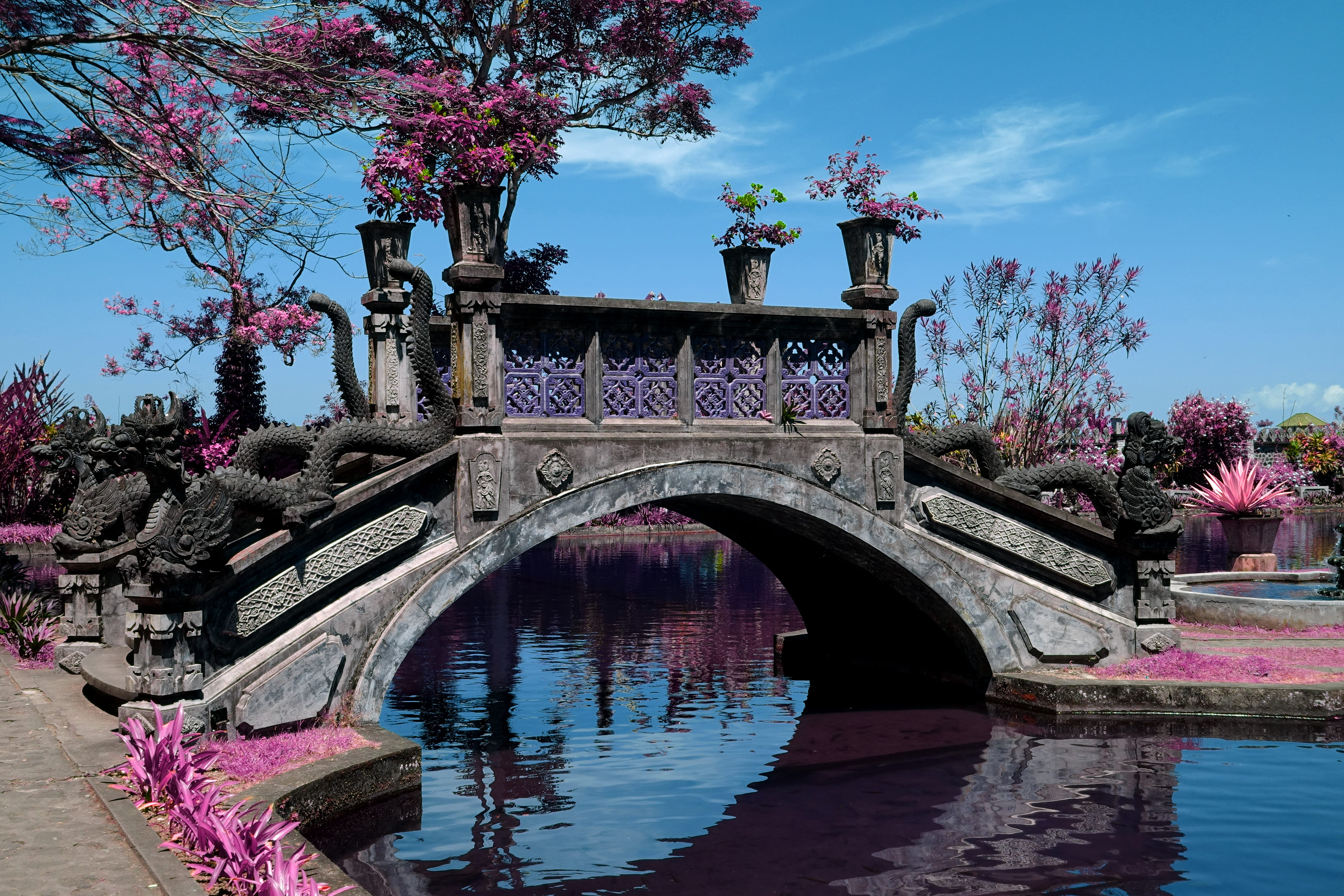 transportation, purple, pink birdge, vehicle, building, outdoors, water, canal, tree, sky, arch, nature, connection, 5K, gray, river, built structure, HD Wallpaper