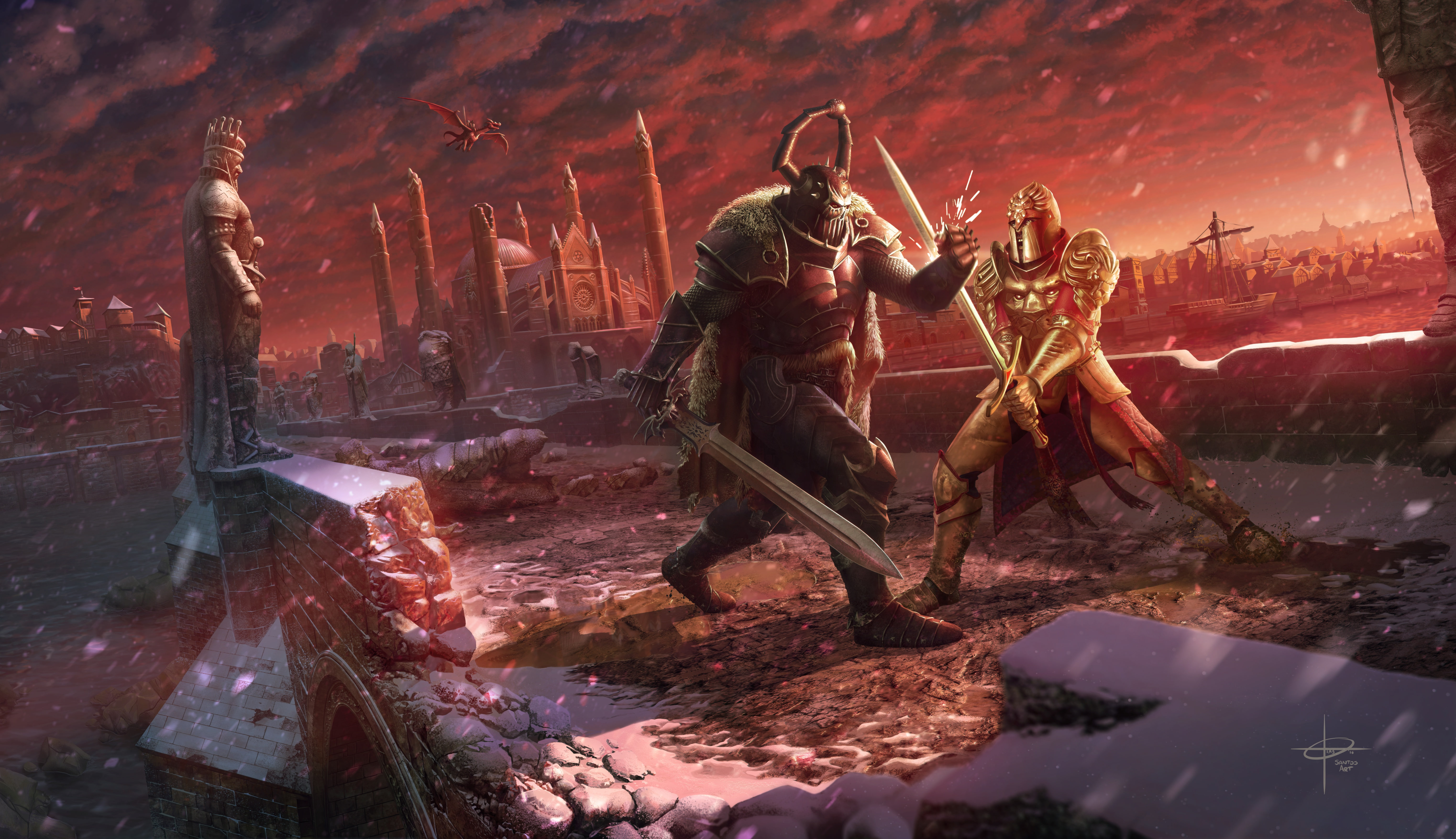 sword, helmet, Anheron, battle, armor, dragon, knight, art, 5K, the city, snow, warrior, duel, darkness, winter, fight, bridge, river, HD Wallpaper