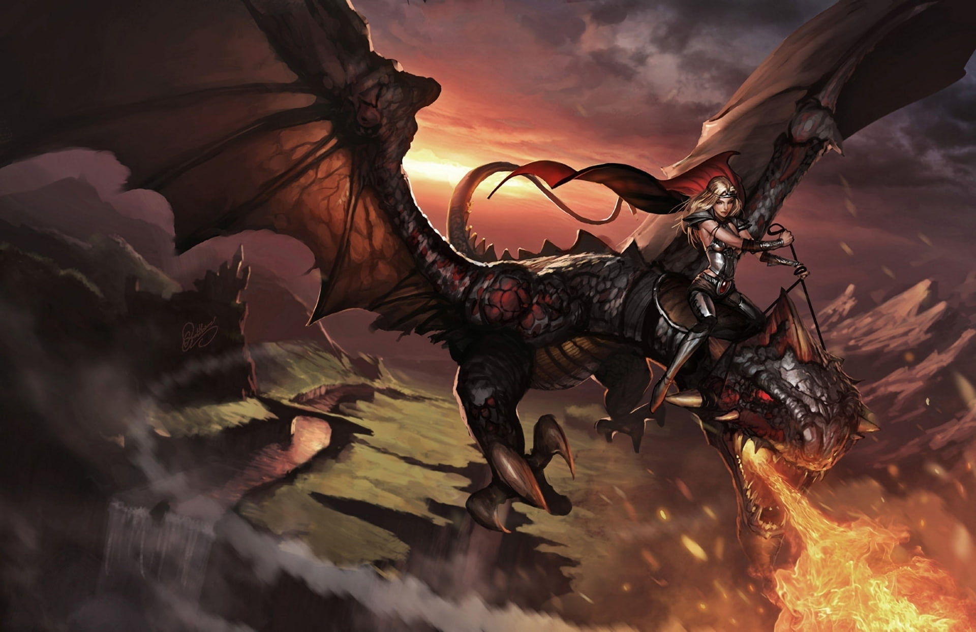 Riding, river, fire, Rider, in, Canyon, sky, 1080P, girl, bridge, the, Cape, art, dragon, HD Wallpaper