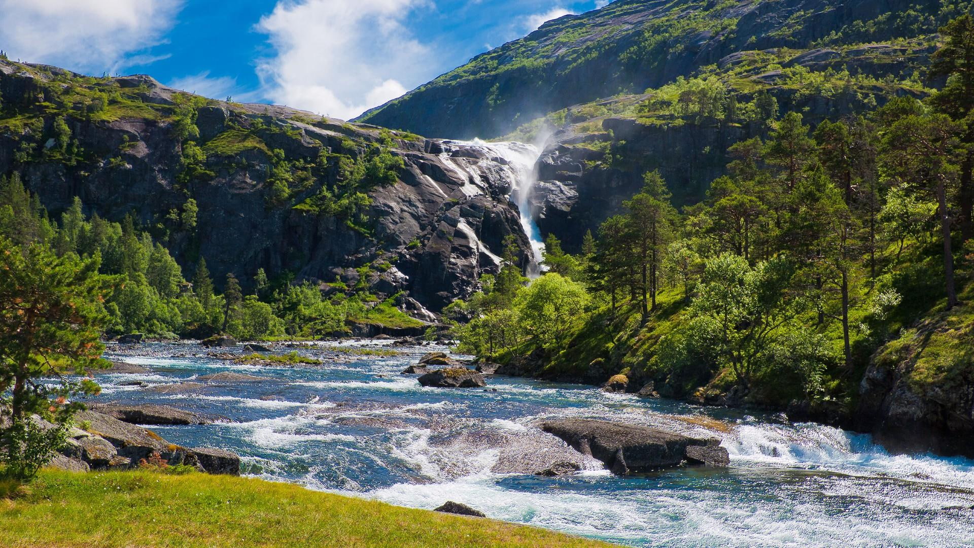 mountain, 1080P, waterfall, river, runnel, HD Wallpaper