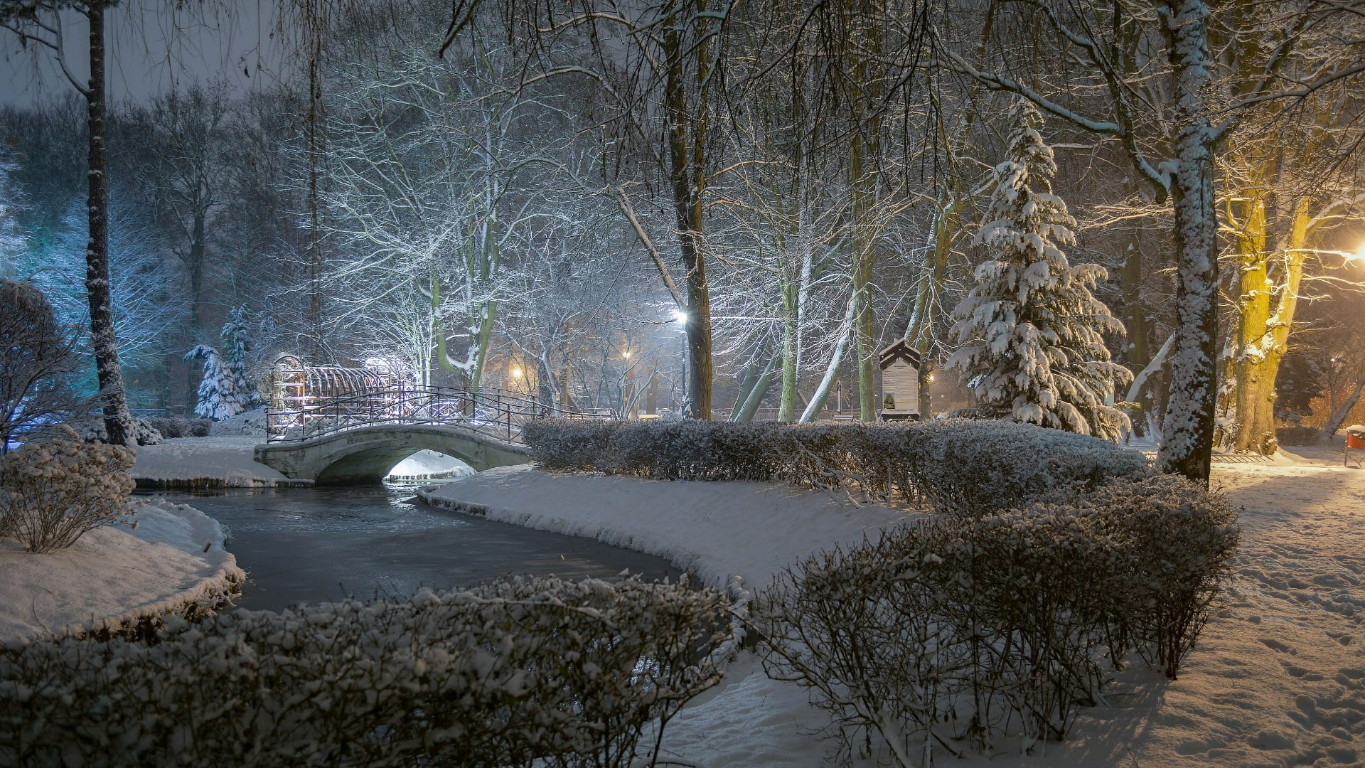 cold temperature, freezing, snowing, evening, 1080P, outdoors, park, snow, nature, flowing, connection, built structure, bridge - man made structure, reflection, HD Wallpaper