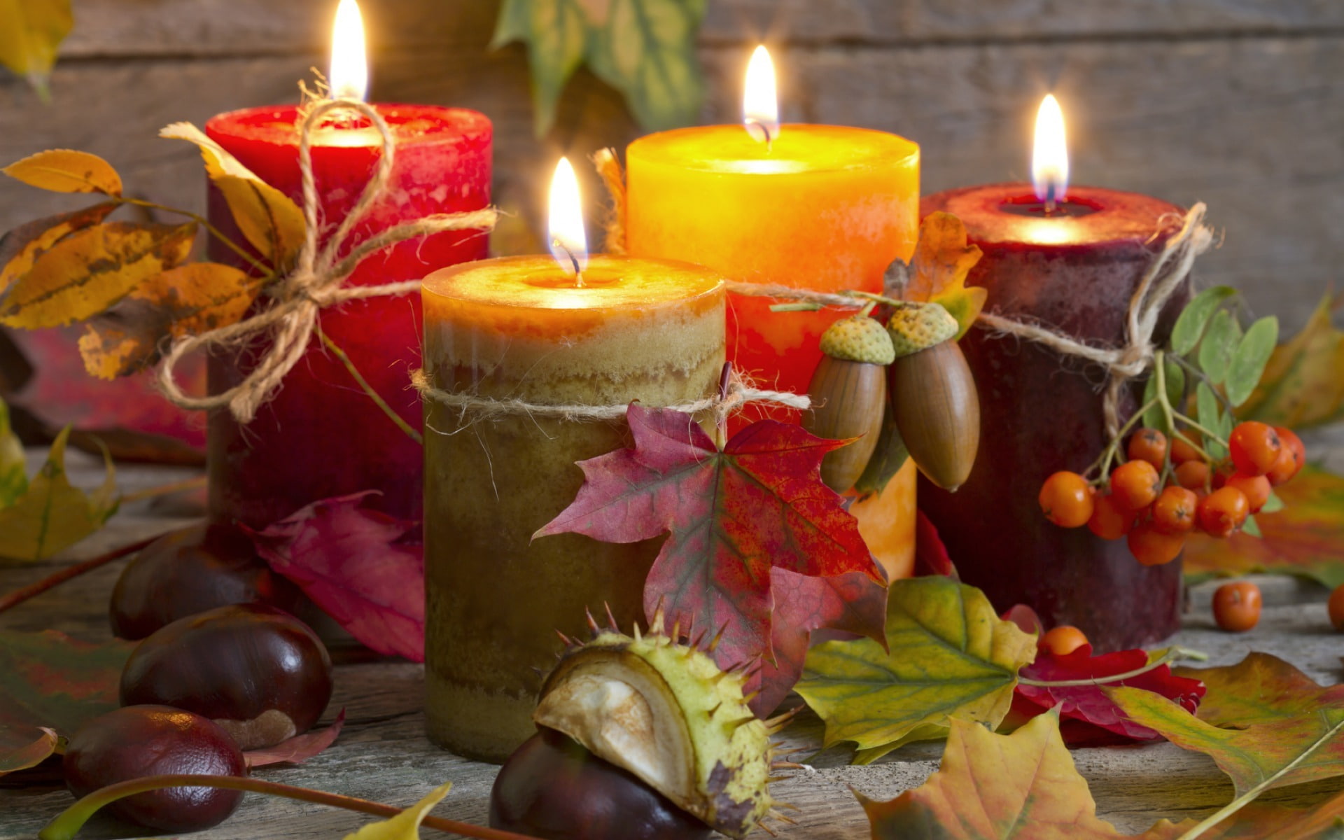 freshness, garnish, indoors, thanksgiving, 1080P, spirituality, plant part, illuminated, leaves, plant, decoration, wood - Material, candlelight, fire, HD Wallpaper