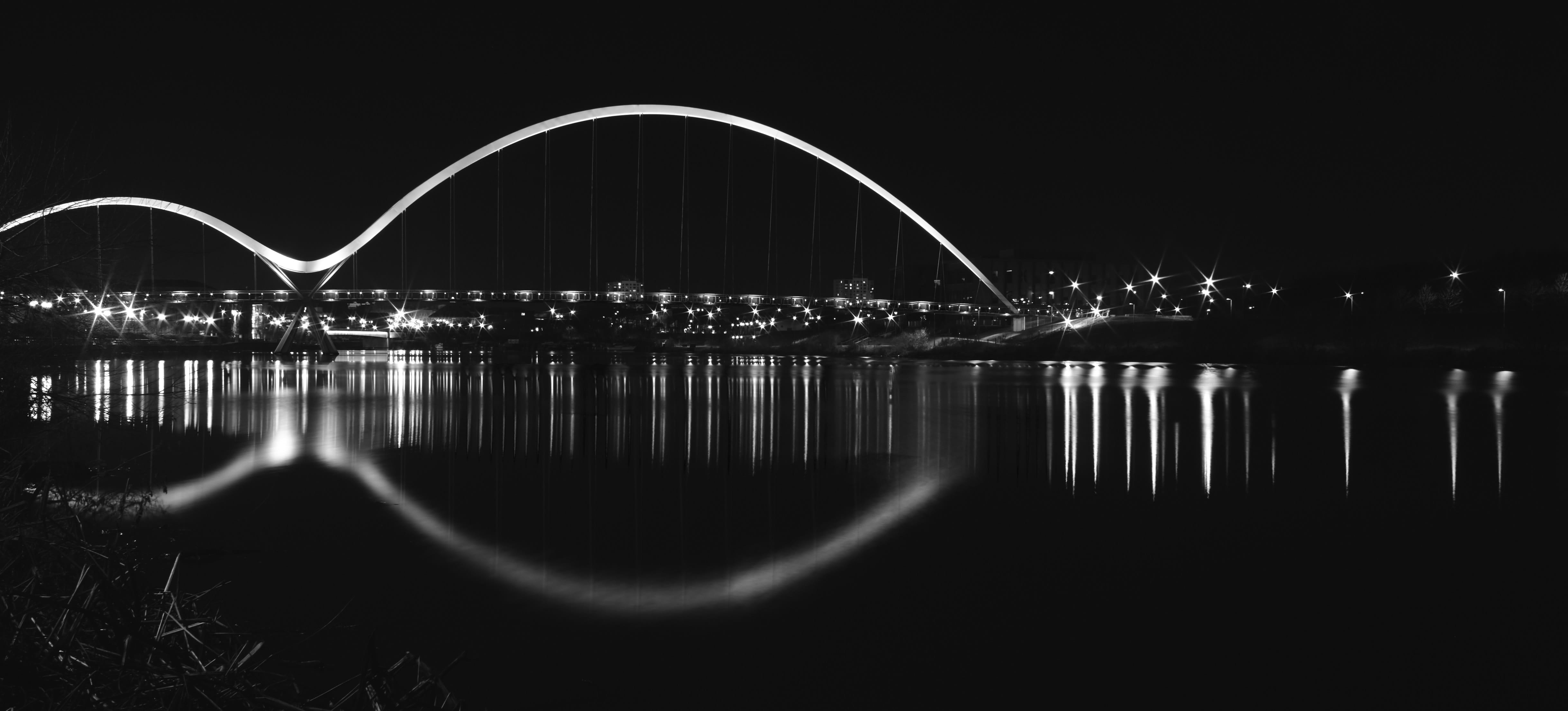 bridge - man made structure, office building exterior, river, nightlife, illuminated, uk, travel destinations, bridge, teesside, arch, nature, light, city, HD Wallpaper