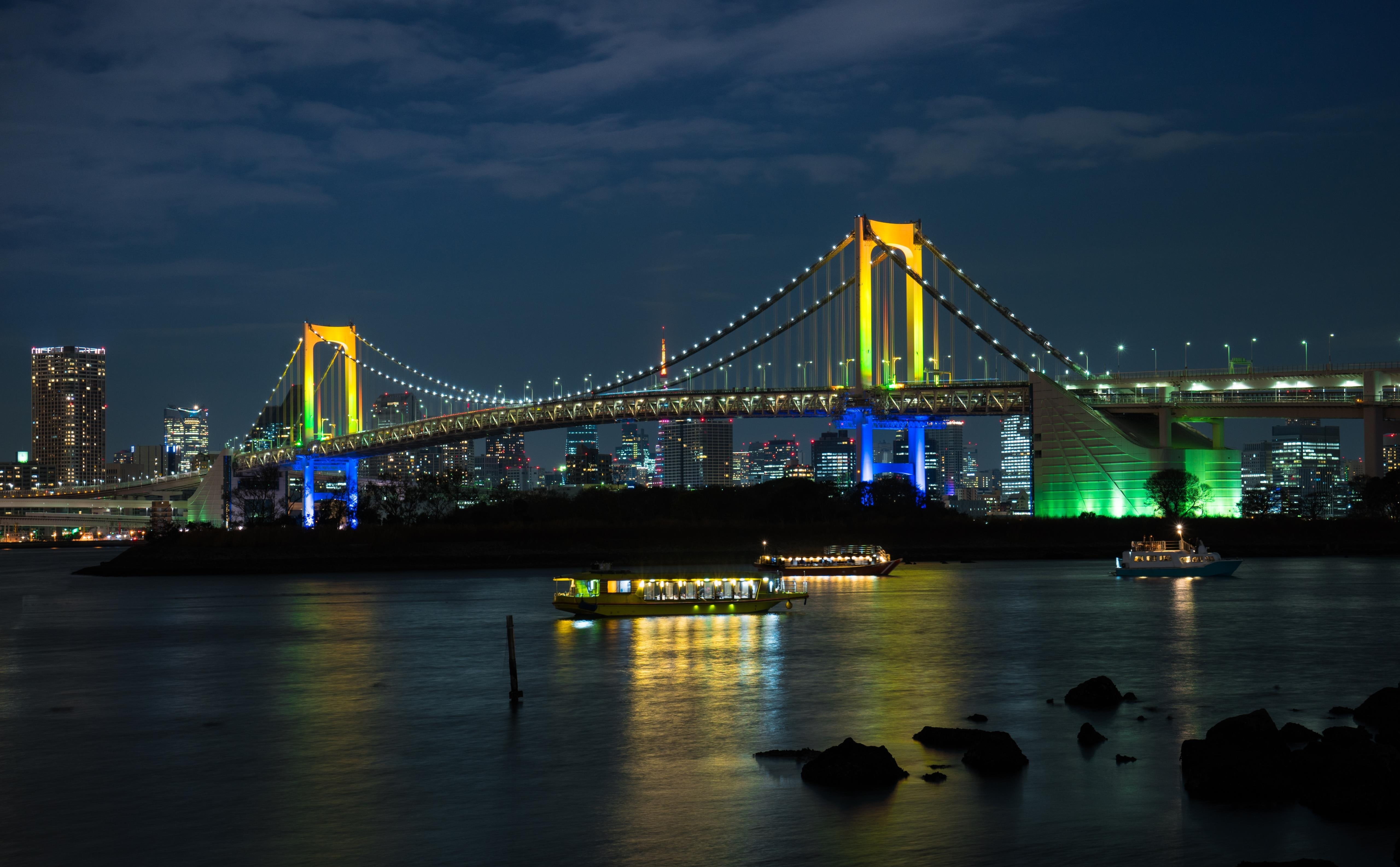 suspension bridge, city, ship, outdoors, ships, waterfront, water, architecture, illuminated, transportation, connection, Asia, beautiful, built structure, HD Wallpaper