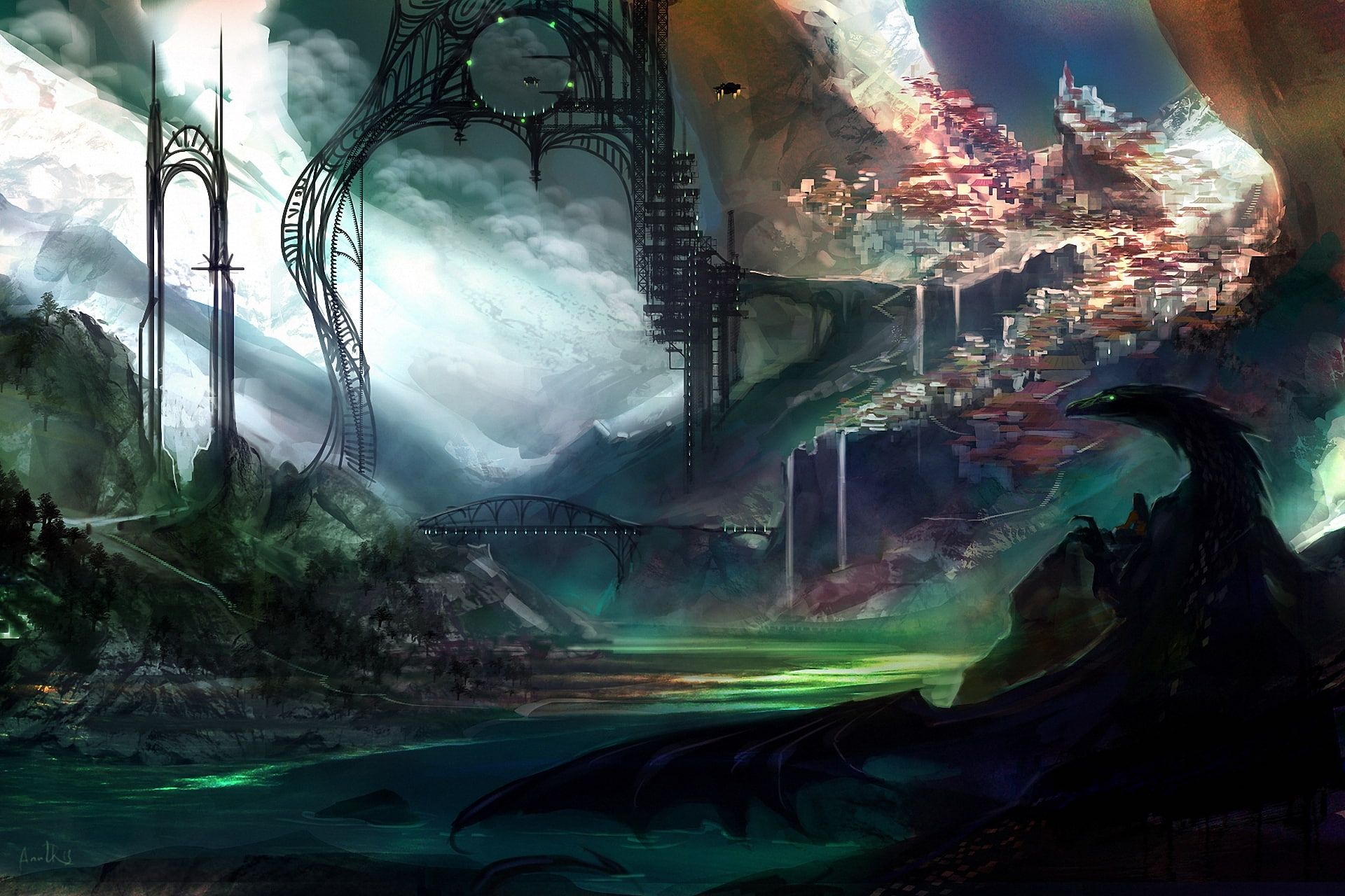 dragon, 1080P, river, art, the city, bridge, HD Wallpaper