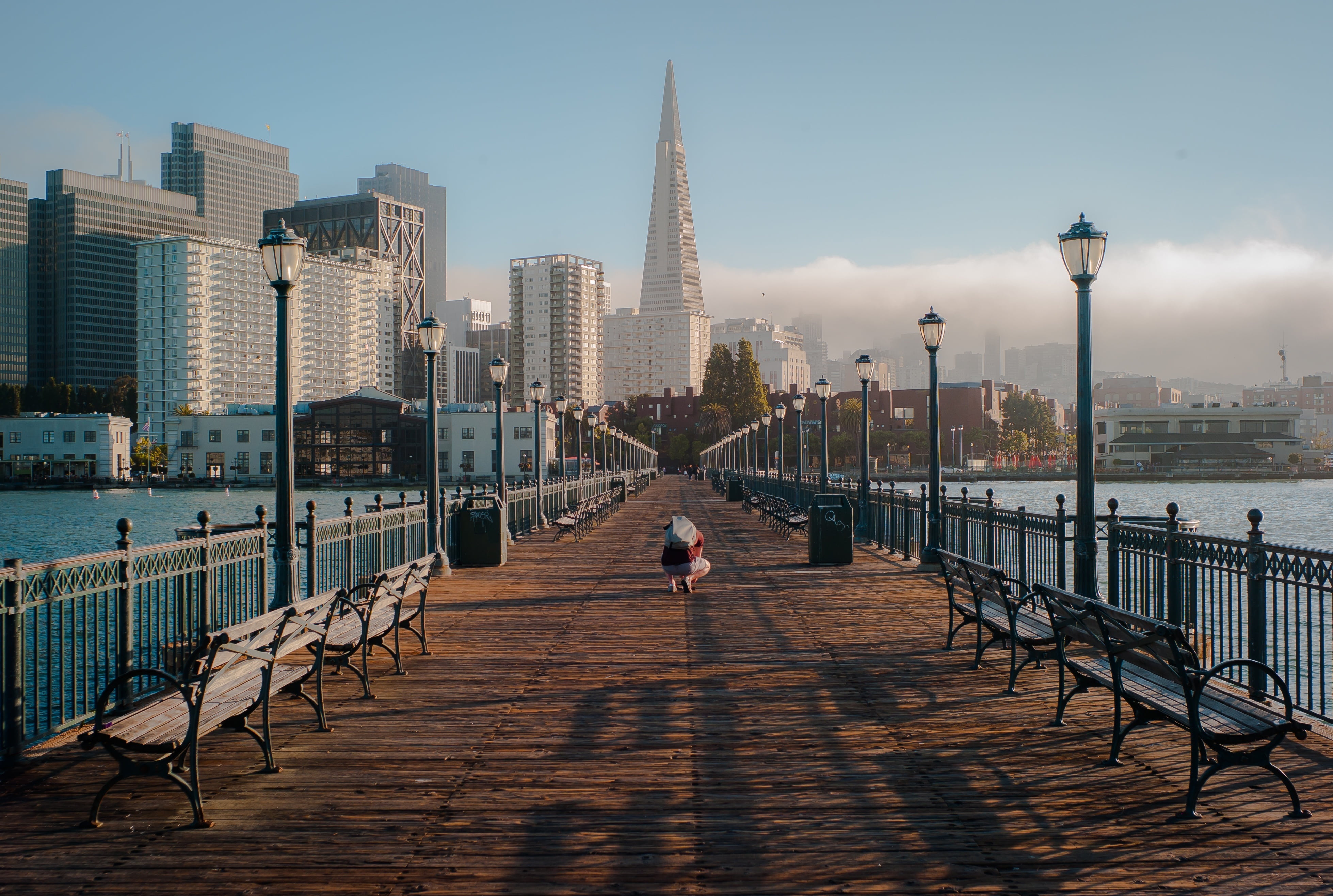 footbridge, vanishing point, architecture, bridge, daytime, skyline, city life, tall - high, bridge - man made structure, 4K, sky, benches, downtown, urban Scene, HD Wallpaper