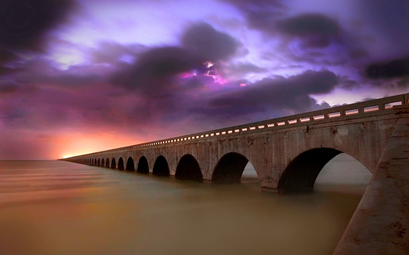 no people, arch, nature, dark, concrete, sky, architecture, Lightning, arch bridge, night, brown, dusk, dramatic sky, 720P, Infinity, bridge - man made structure, HD Wallpaper