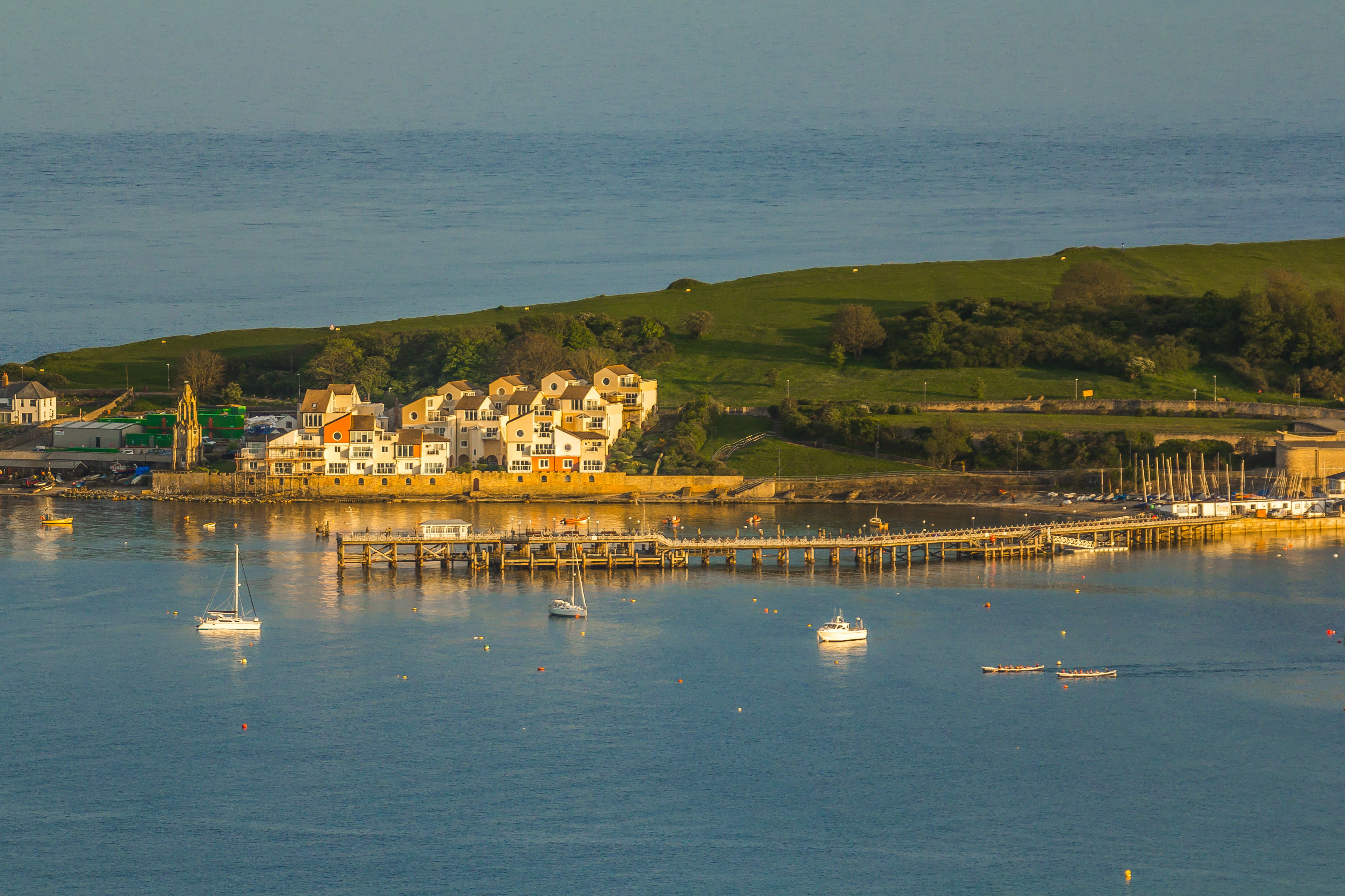 nature, building, beauty in nature, sailboat, no people, 5K, transportation, house, ocean, waterfront, sea, outdoors, swanage bay, mode of transportation, HD Wallpaper