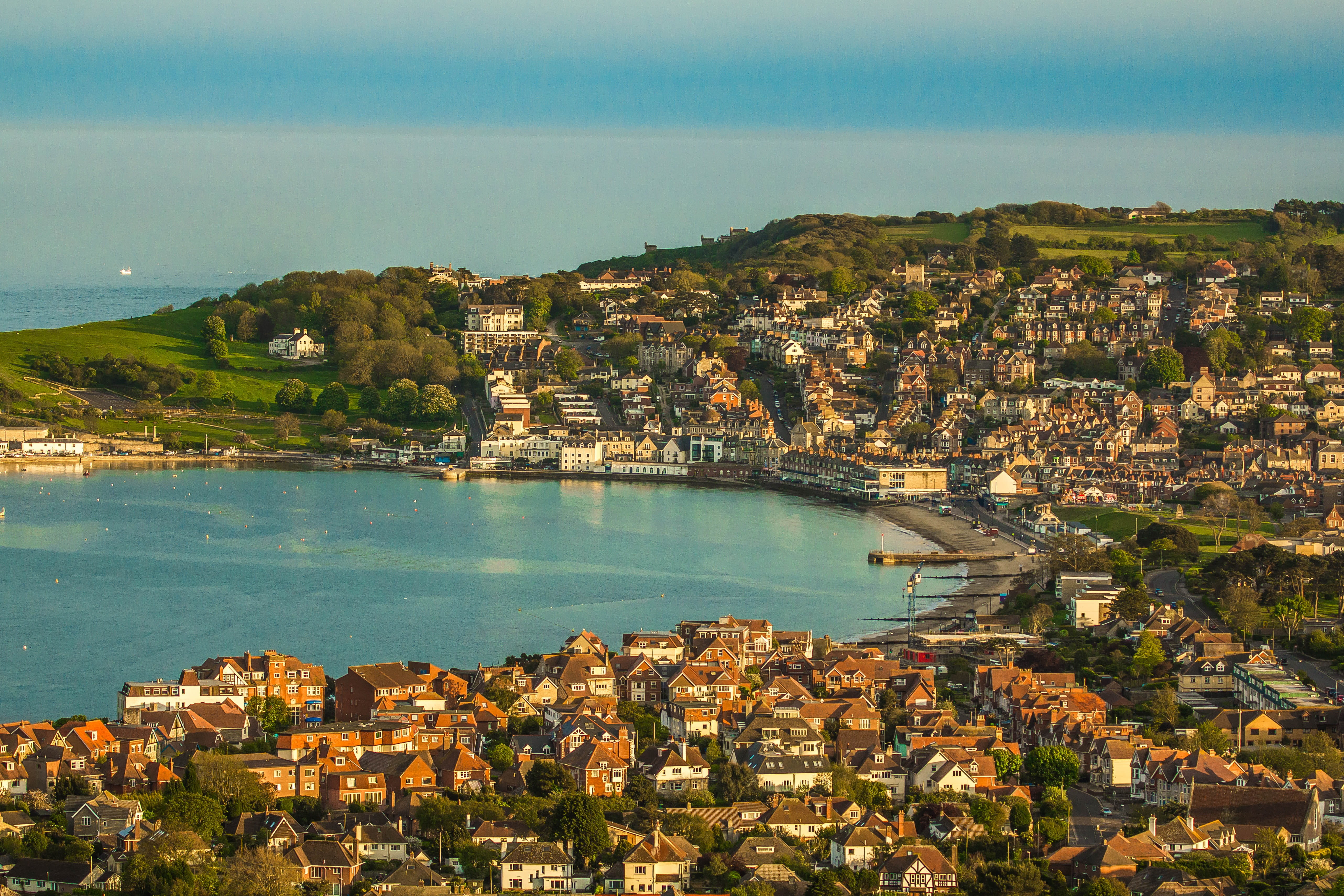 Swanage, high angle view, land, Country, built structure, ocean, nature, 5K, water, outdoors, Panorama, residential district, no people, bay, sky, Dorset, HD Wallpaper