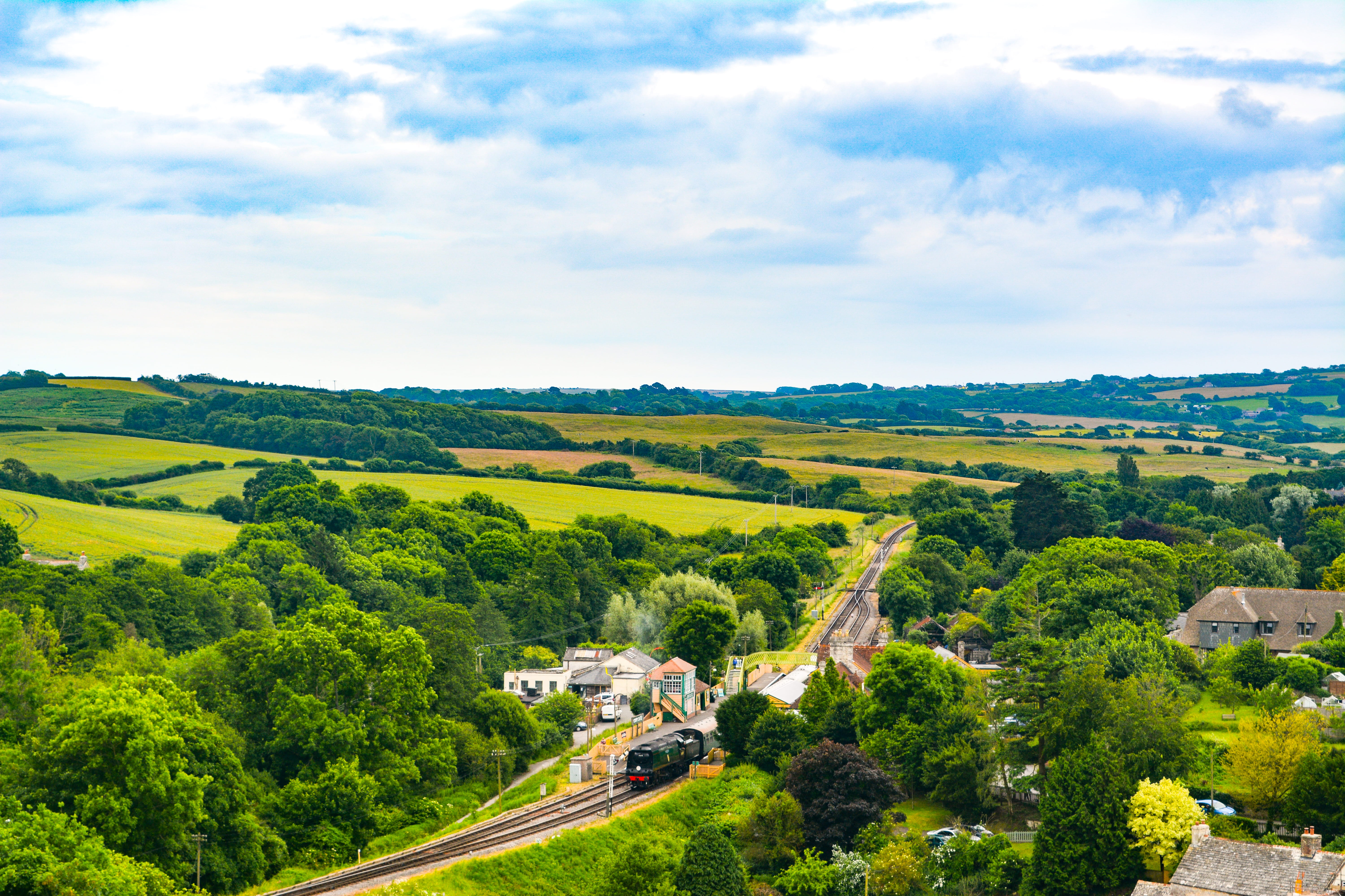 beauty in nature, day, scenery, neighborhood, sky, rolling landscape, green, aerial view, field, united kingdom, photo, tranquility, green color, transportation, HD Wallpaper