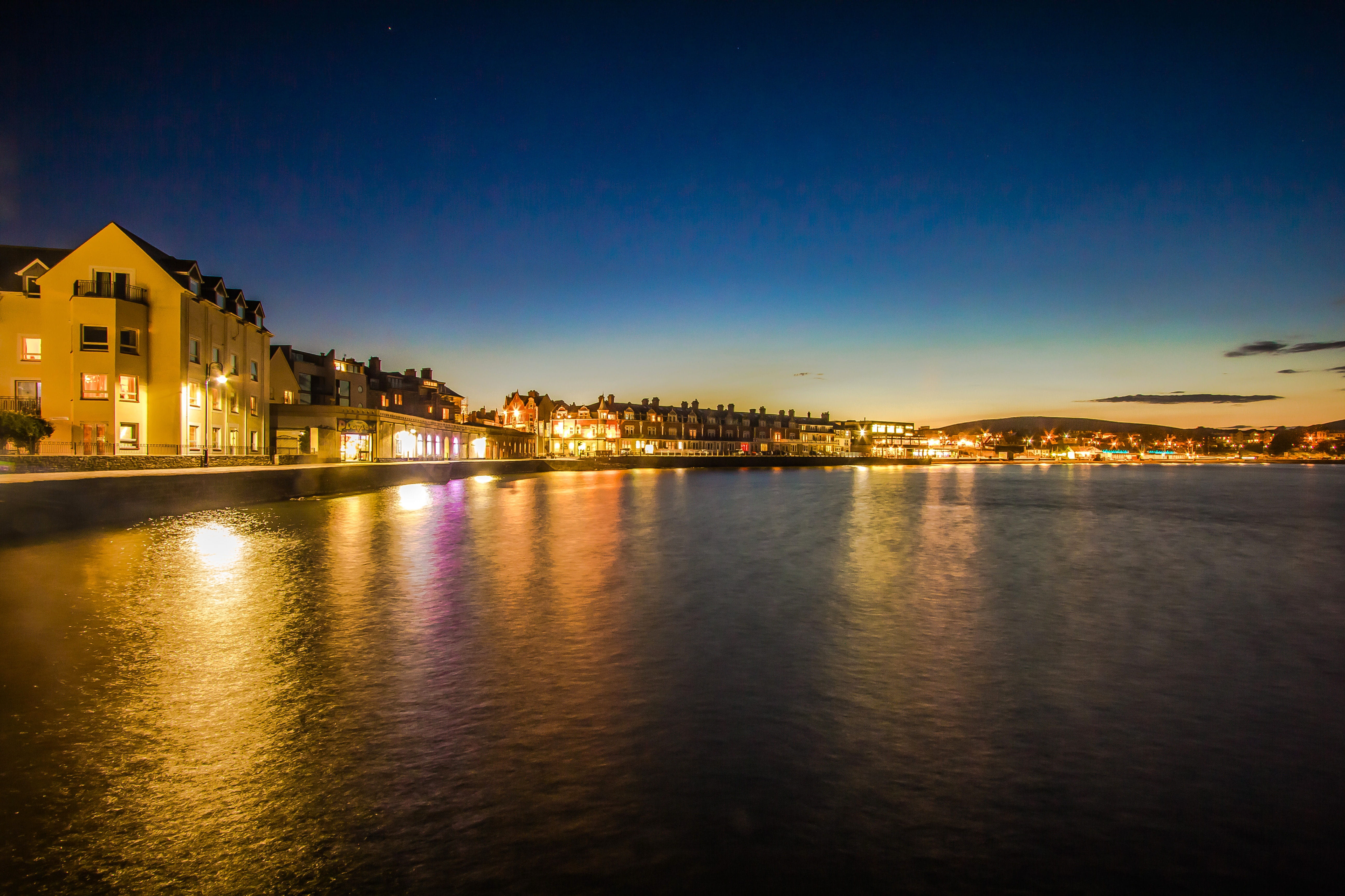 waterfront, water, built structure, 5K, copy space, in the evening, illuminated, city, reflection, river, travel destinations, no people, sky, nature, HD Wallpaper