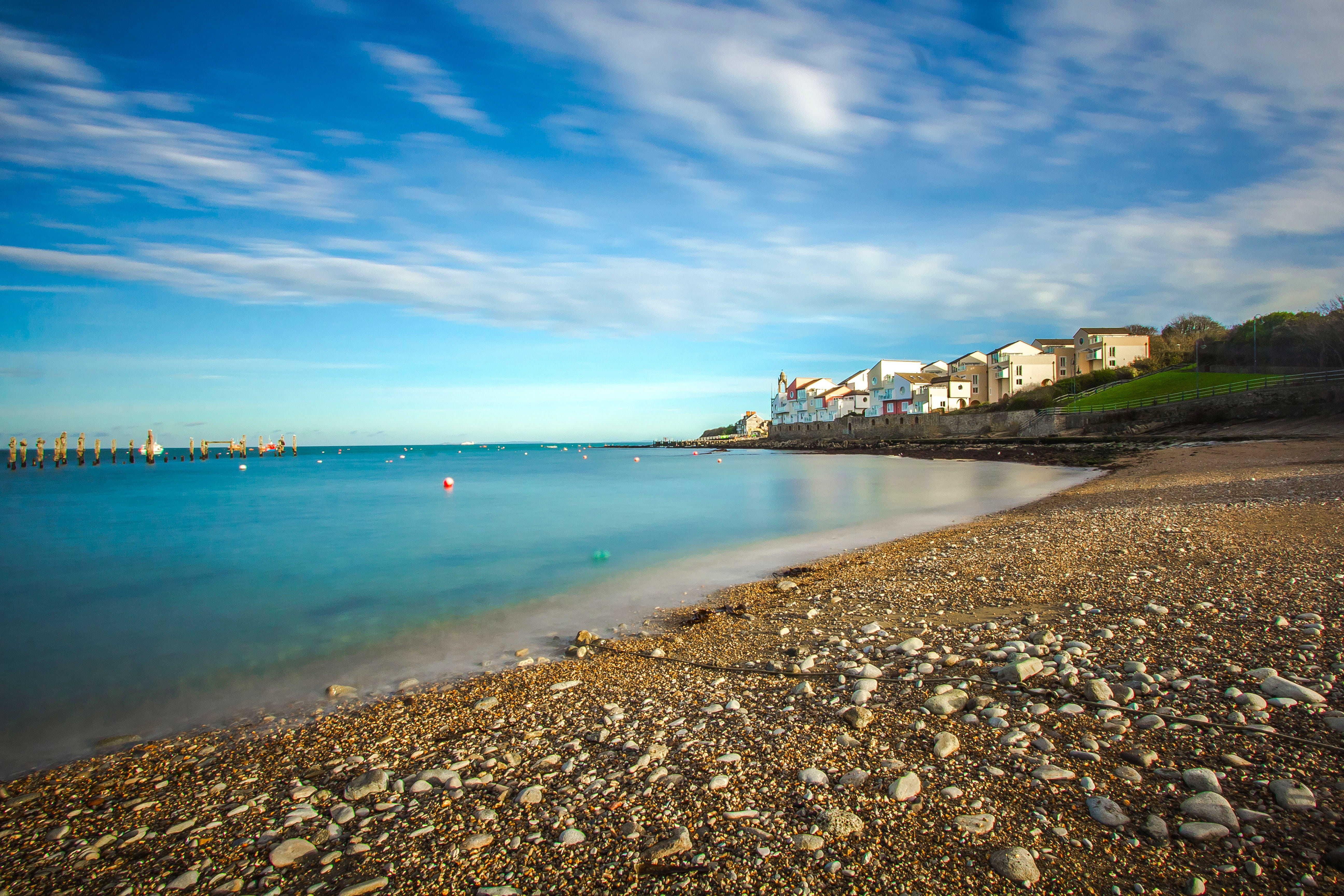 5K, beach, idyllic, england, scenics - nature, sea, outdoors, architecture, day, rock, cloud - sky, building exterior, tranquility, built structure, tranquil scene, HD Wallpaper