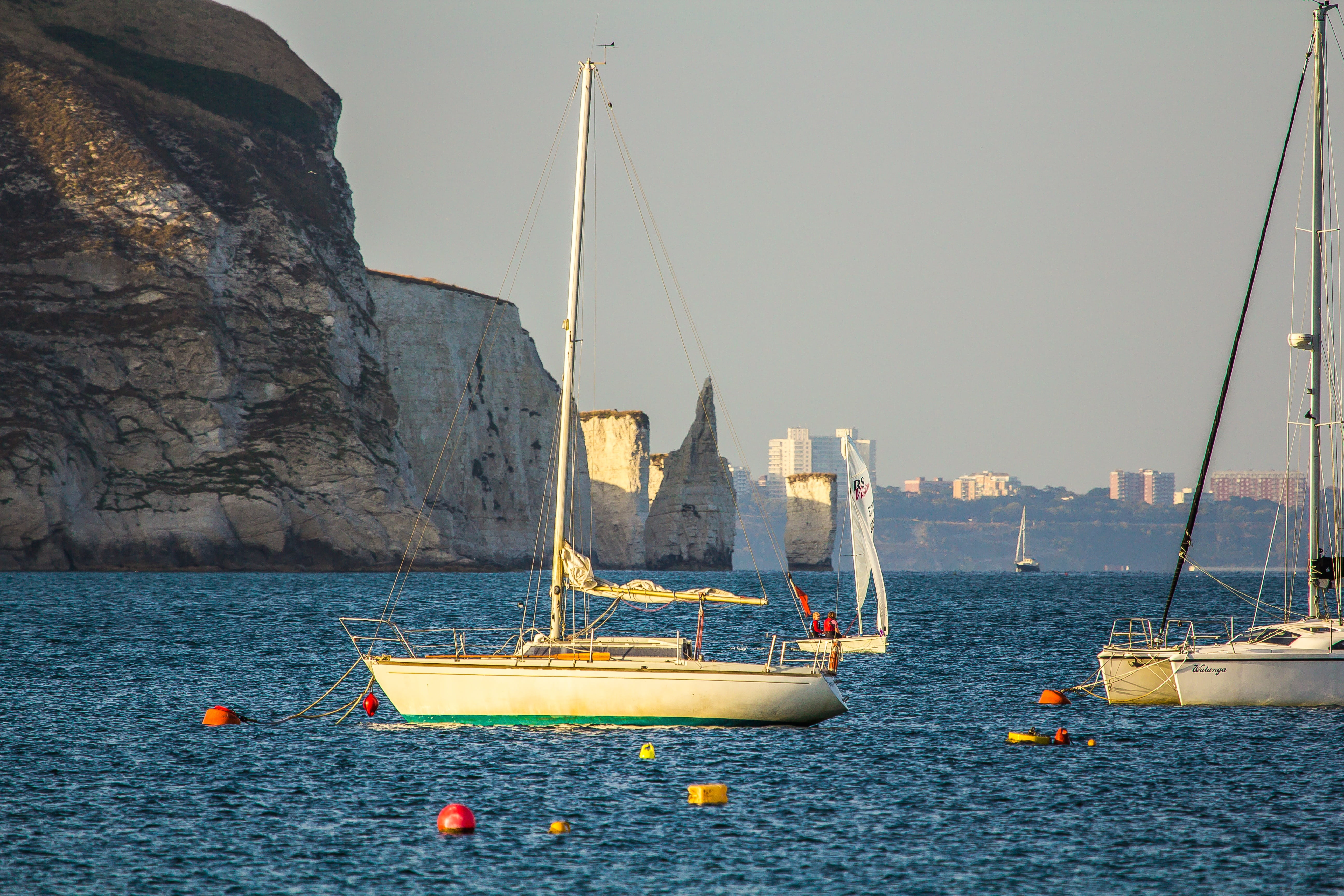 rock, pole, ship, nature, anchored, day, water, sea, transportation, luxury, sailing, swanage bay, clear sky, mast, 5K, yacht, rock - object, mode of transportation, HD Wallpaper