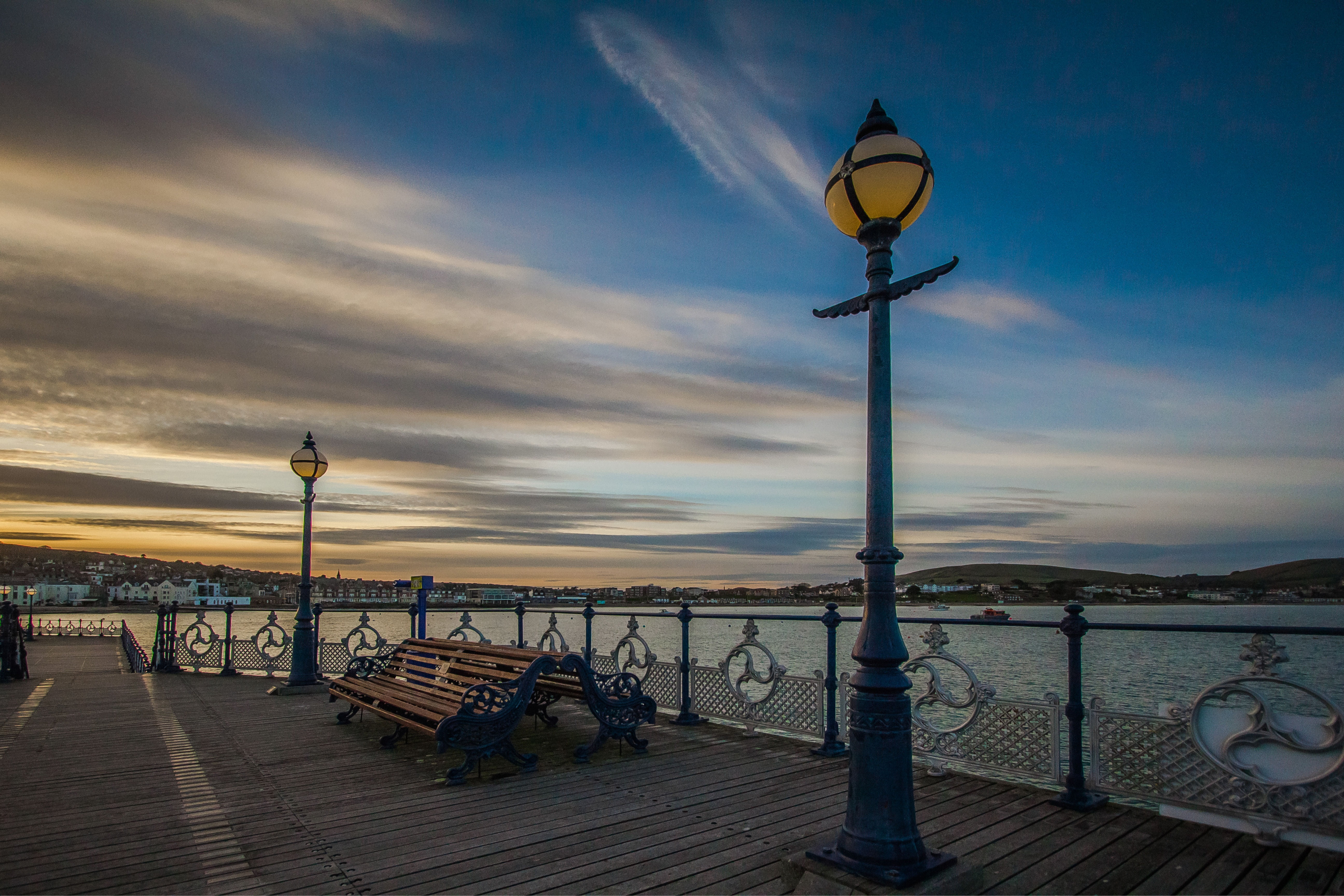 scenics - nature, swanage bay, electric lamp, 5K, transportation, street light, street, tranquility, outdoors, ocean, dorset, no people, gondola - traditional boat, HD Wallpaper