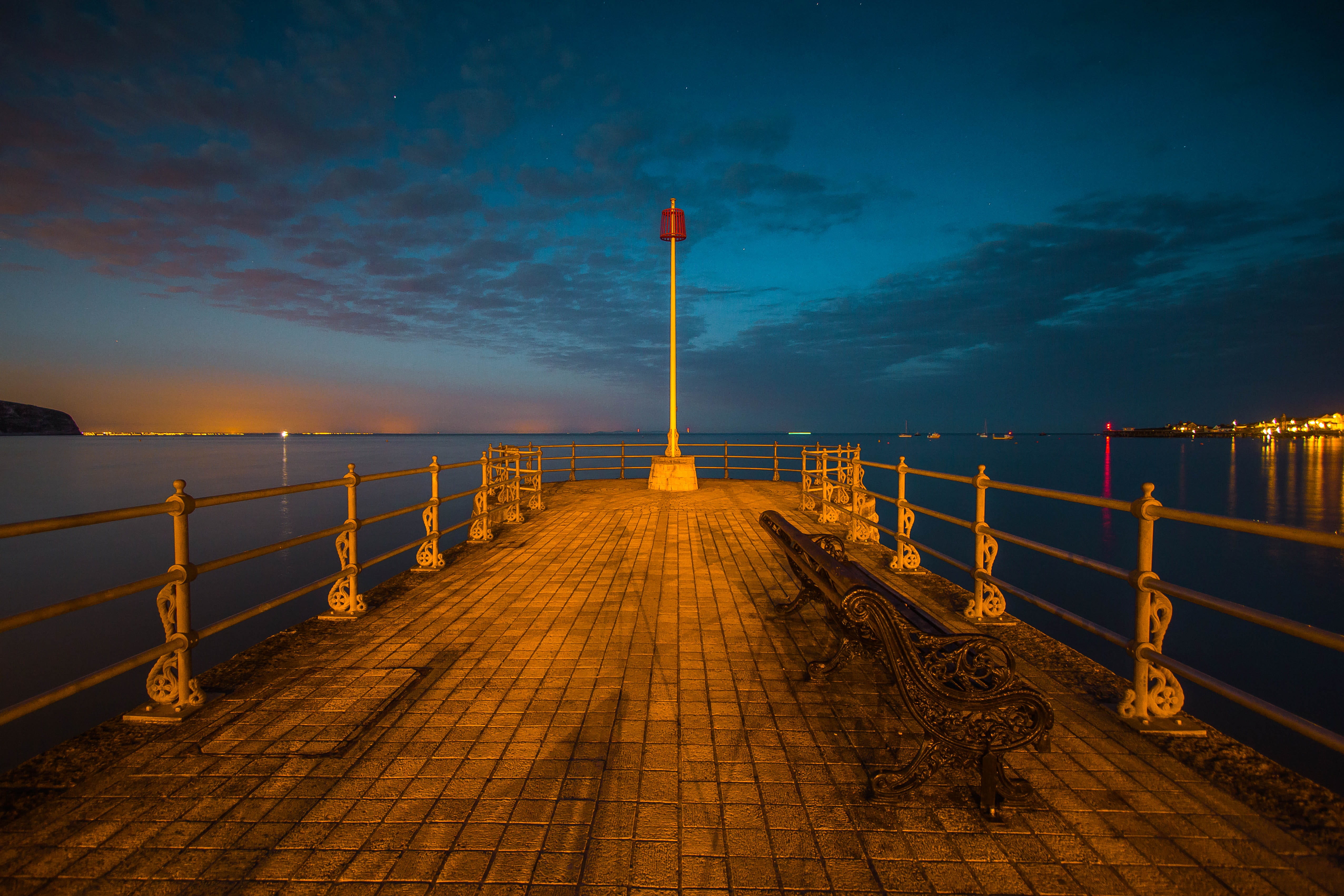 wood - material, water, 4K, nature, tranquil scene, no people, pier, sea, wood paneling, swanage bay, diminishing perspective, architecture, seascape, HD Wallpaper