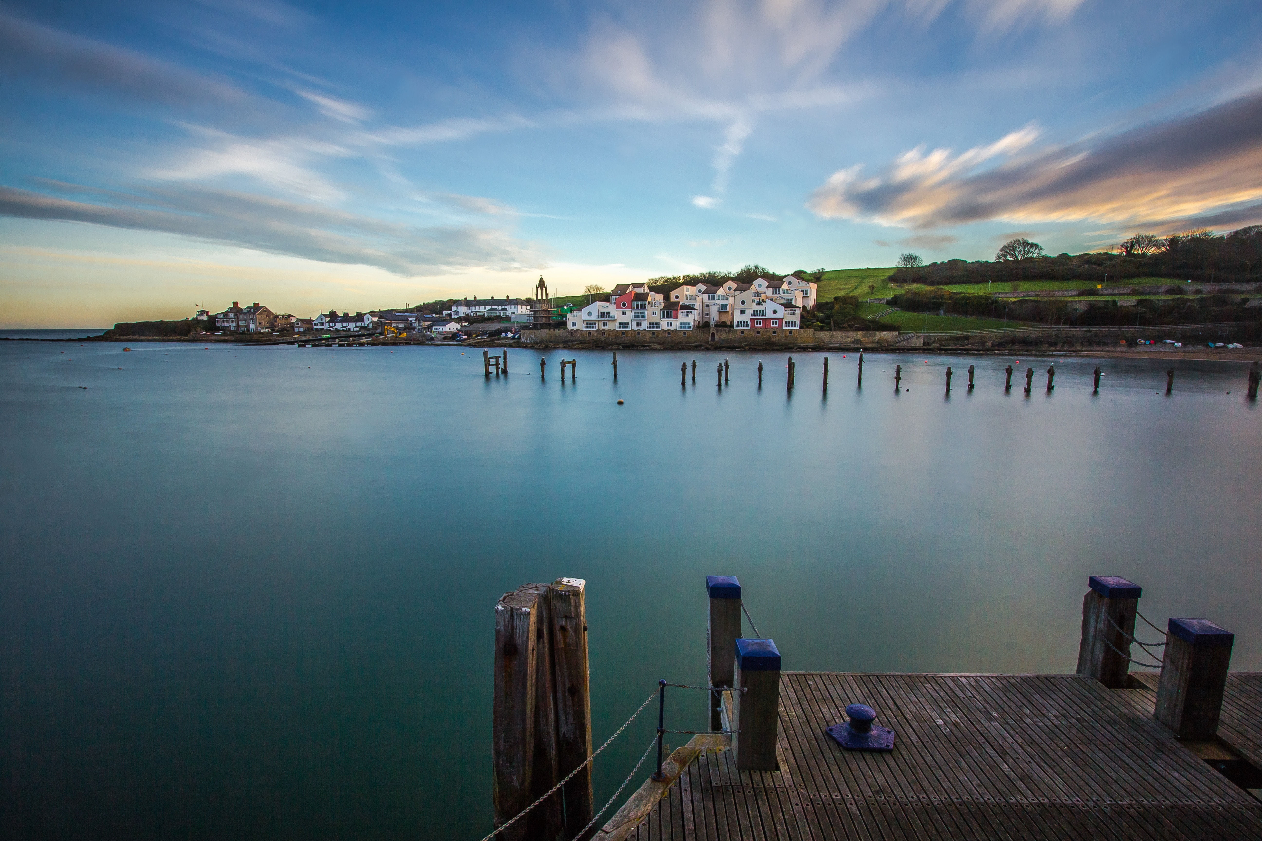 built structure, blue, cityscape, port, england, 5K, building, scenics - nature, nature, sunset, architecture, lake, no people, building exterior, body, HD Wallpaper