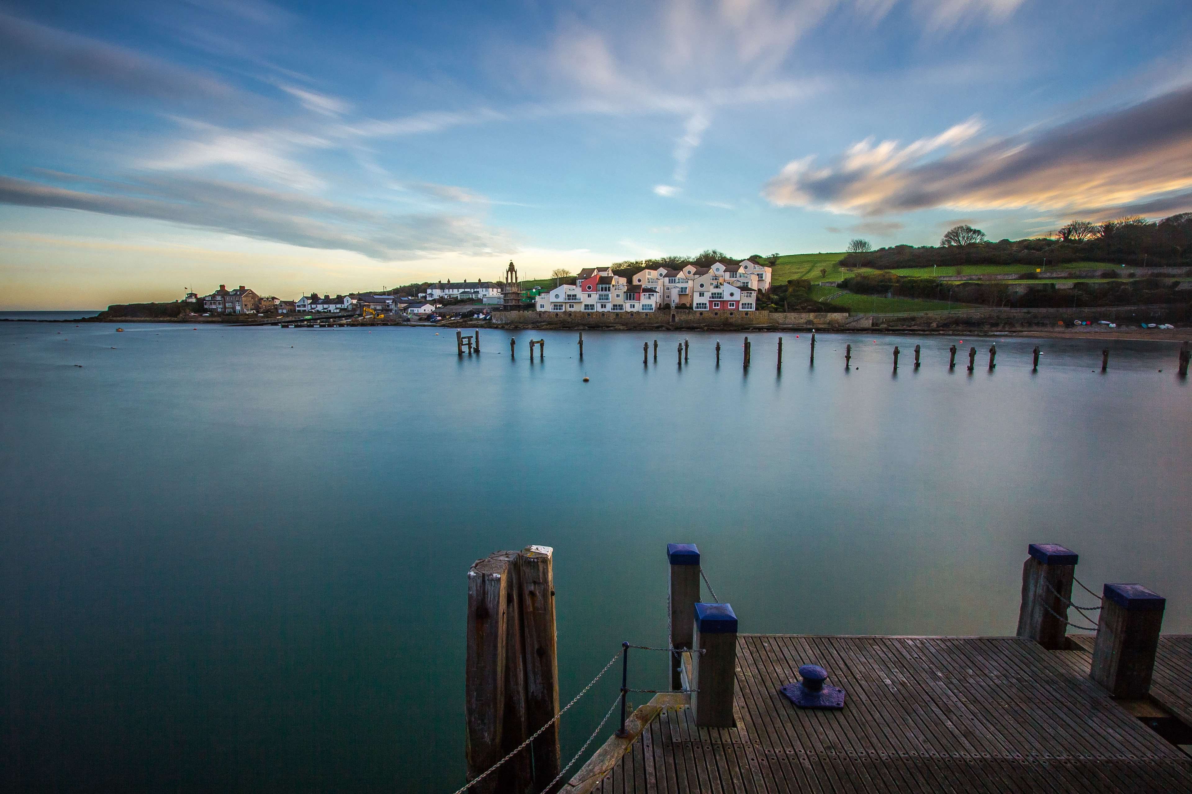 building, architecture, transportation, swanage bay, beauty in nature, ocean, reflection, no people, sunset, travel destinations, sky, twilight, outdoors, HD Wallpaper