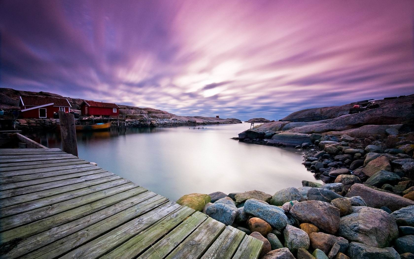 sea, boards, brown, 720P, dusk, stones, beauty in nature, water, dock, wooden, outdoors, evening, purple, tranquility, architecture, long exposure, HD Wallpaper