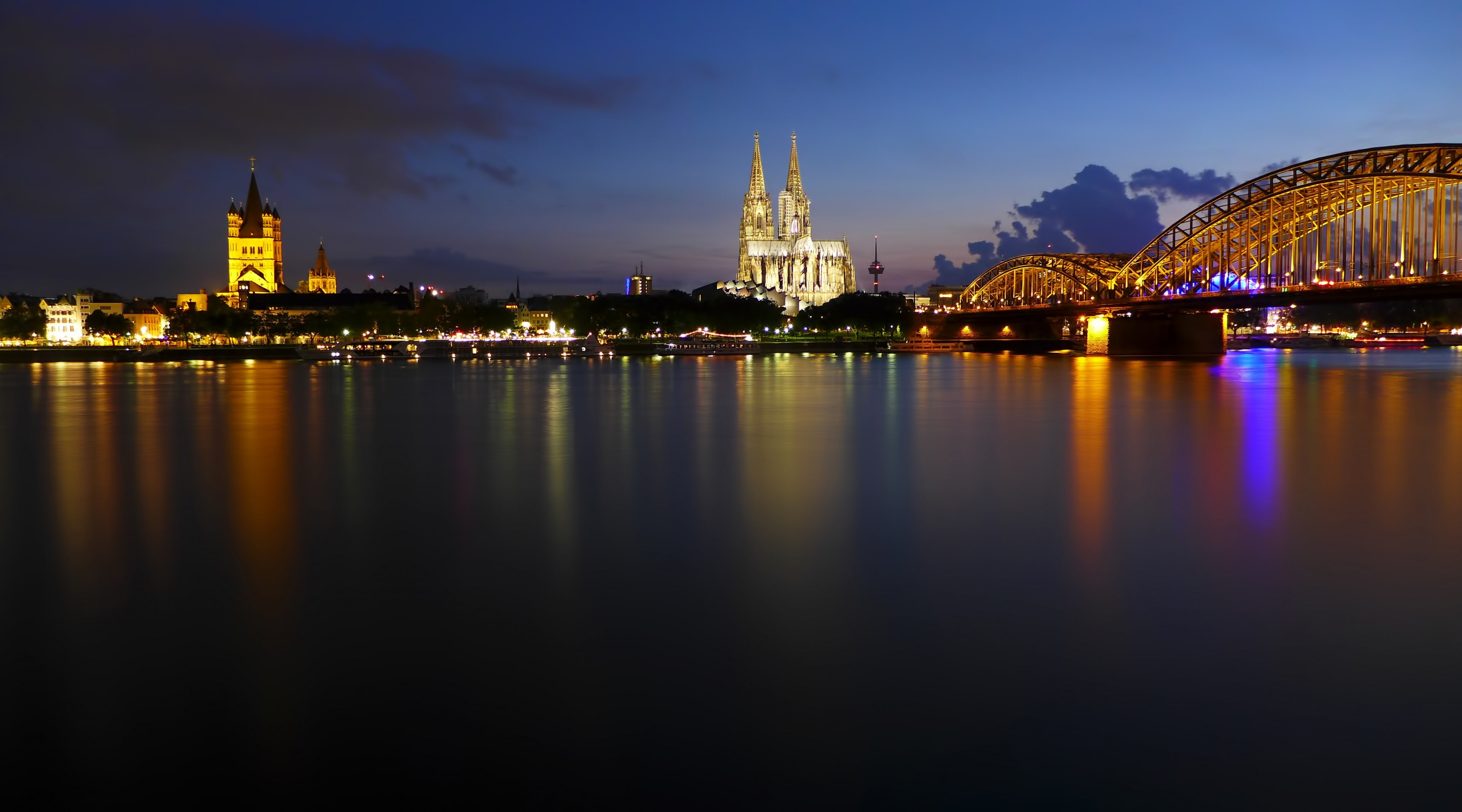 shore, water, cityscape, city, river, cologne, Night, tourism, kennedy, brown, building exterior, office building exterior, Europe, Germany, suspension, HD Wallpaper