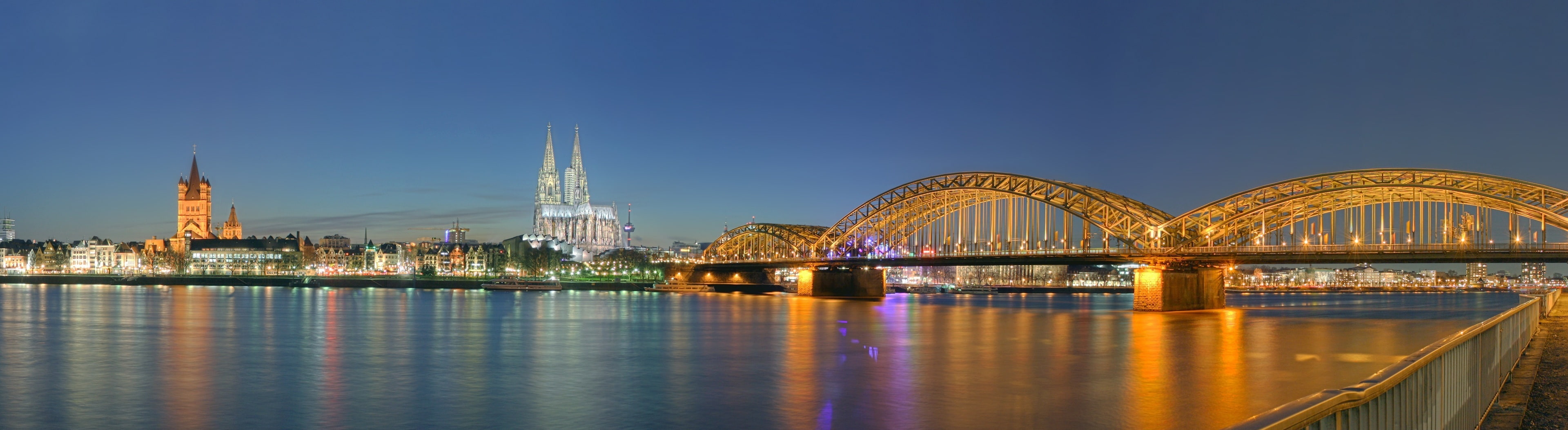 architecture, office building exterior, Rhine, landscape, City, cityscape, bridge, skyscraper, tower, Germany, brown, sky, water, Panoramic, built structure, HD Wallpaper