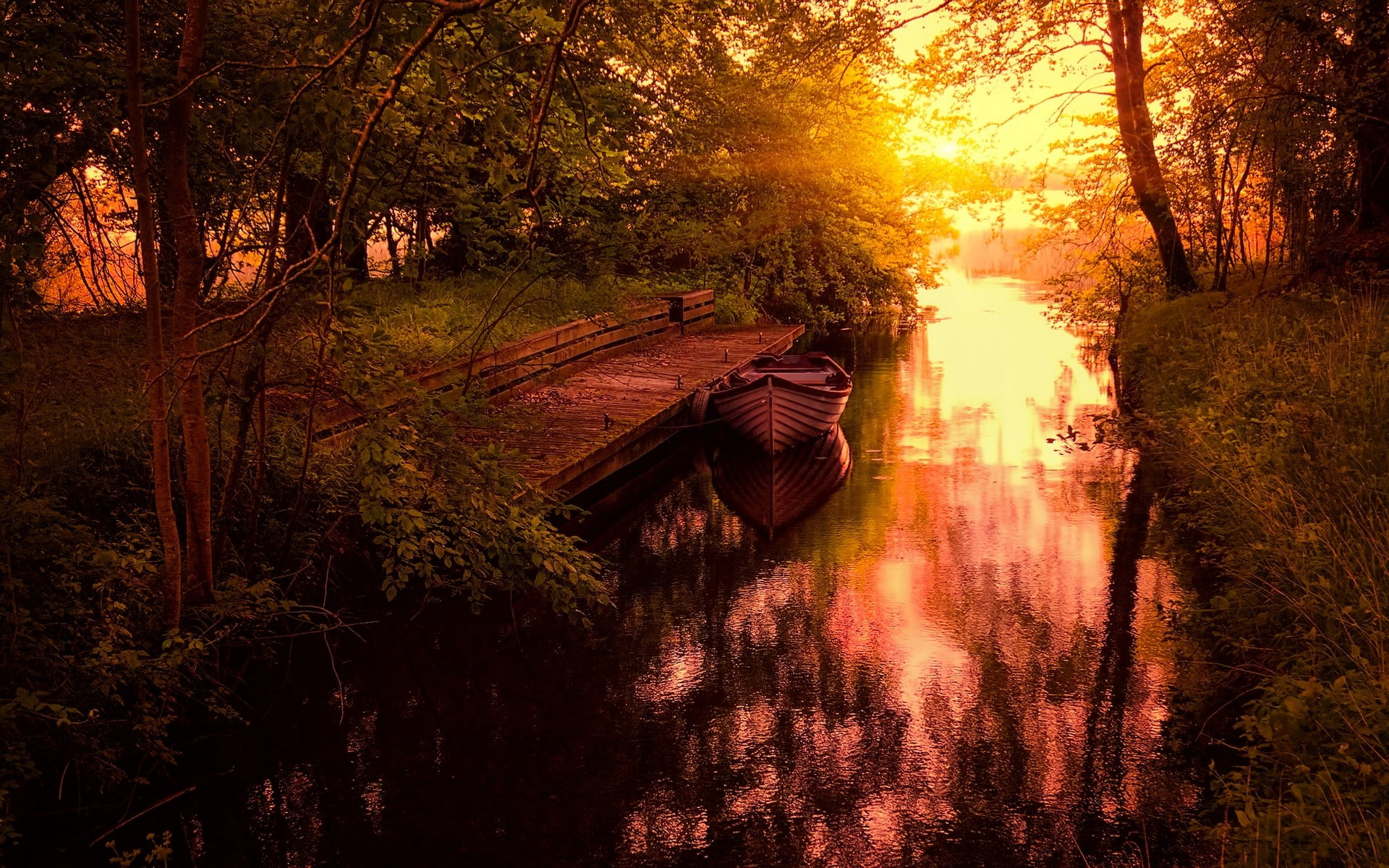outdoors, forest, sky, sun, sunset, shrubs, tree, calm, boat, plant, tranquility, growth, dock, scenics - nature, landscape, yellow, grass, beauty in nature, HD Wallpaper