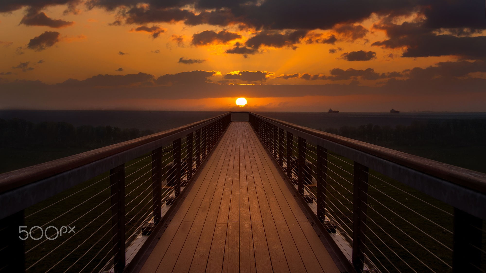 horizon over water, orange color, railing, diminishing perspective, sky, scenics - nature, direction, clouds, connection, horizon, footbridge, beauty in nature, HD Wallpaper