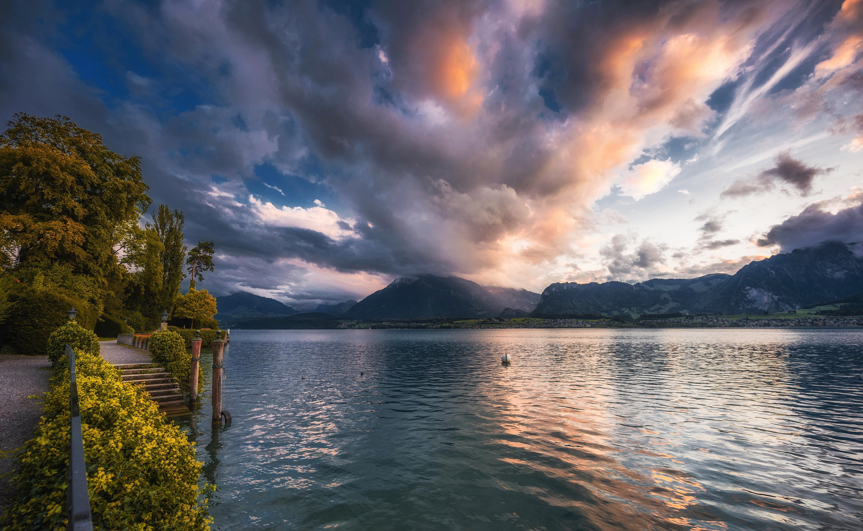 ladder, clouds, the bushes, promenade, lake, mountains, trees, 2K, Switzerland, the sky, the evening, Lake Thun, HD Wallpaper