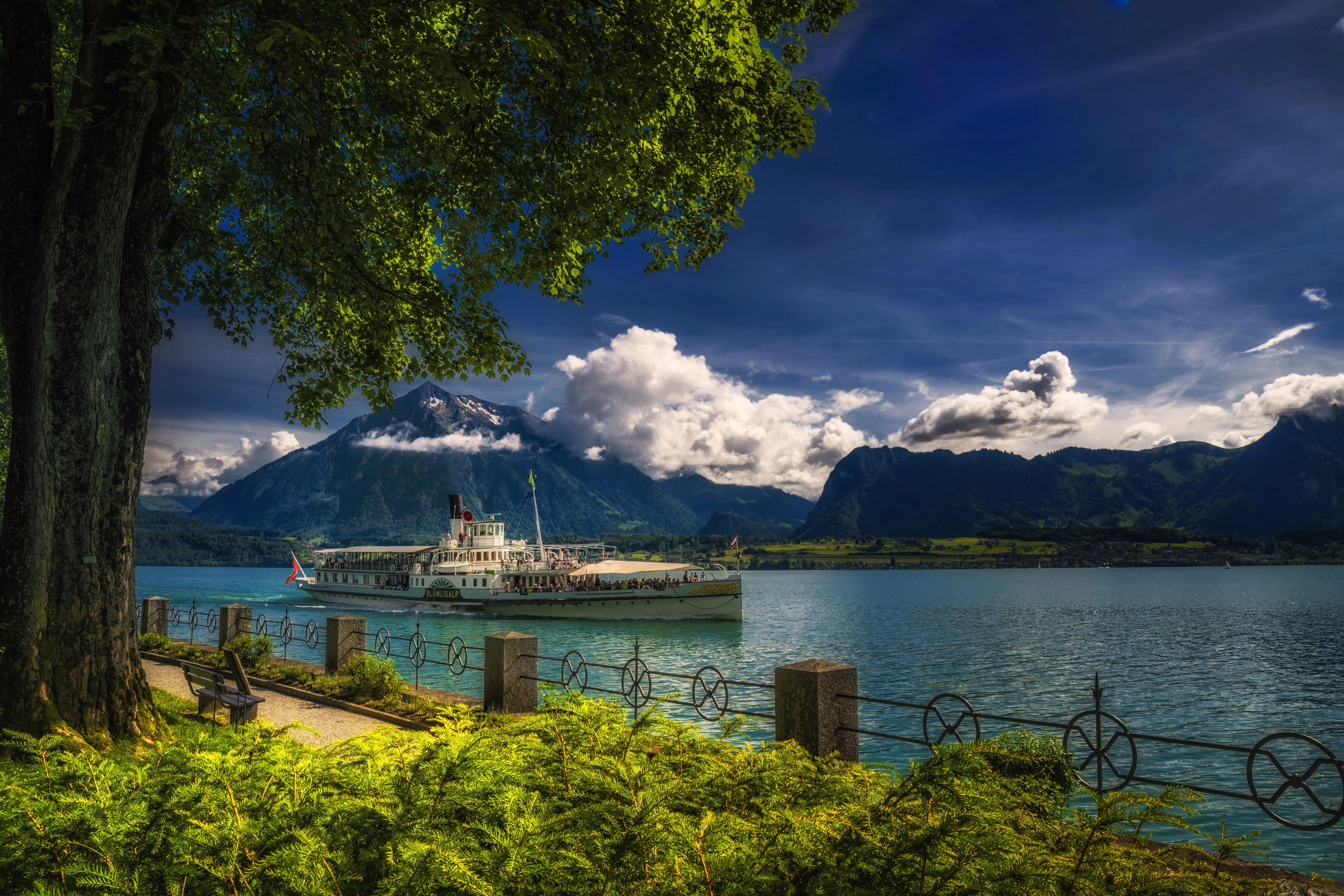 oberhofen, ships, river, 4K, mountains, nature, thun, fence, lake, HD Wallpaper