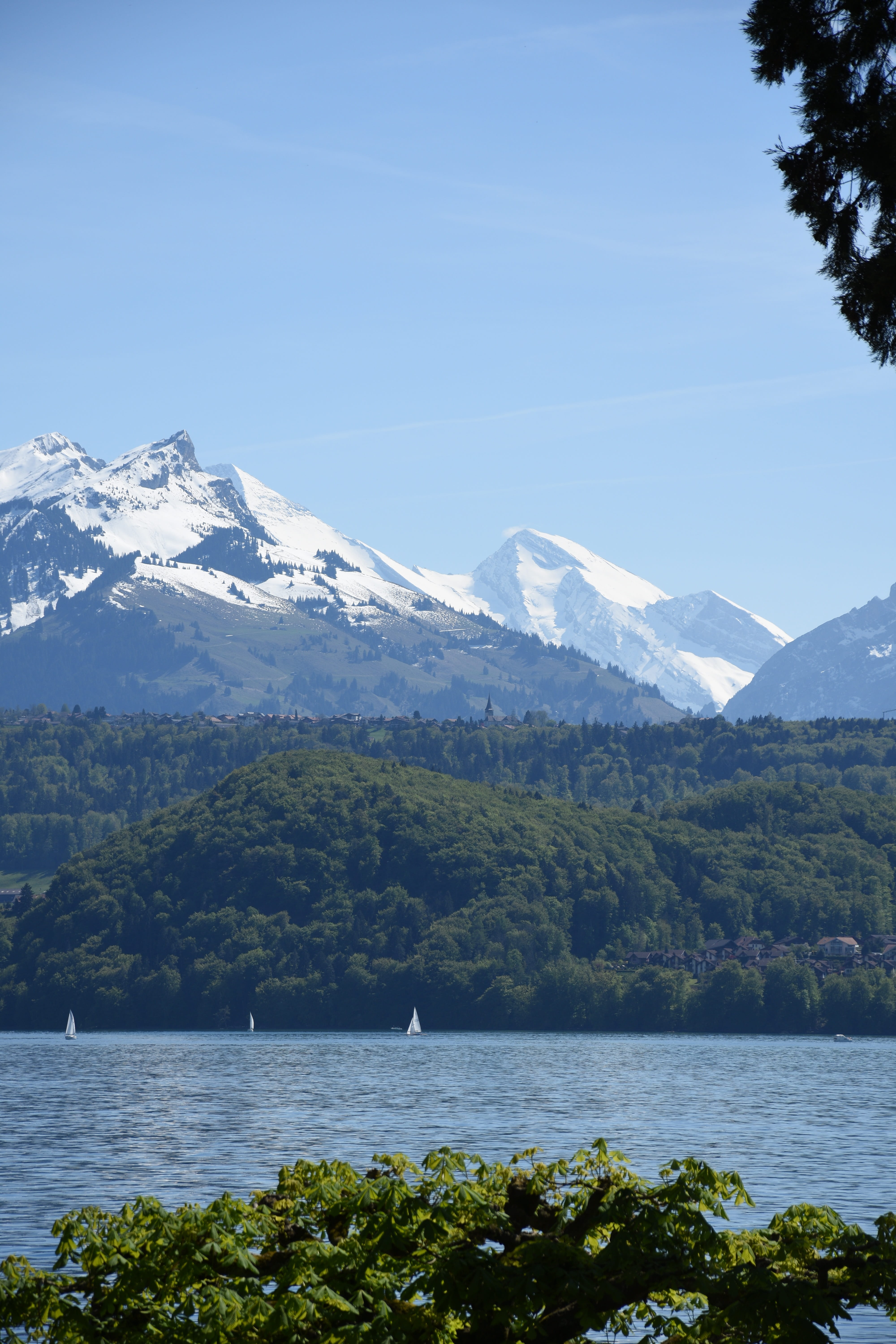 mountain range, mountain peak, lake, bernese oberland, outdoors, Lake Thun, Alpine, beauty in nature, water, snow, mountain, non-urban scene, environment, Phone HD Wallpaper