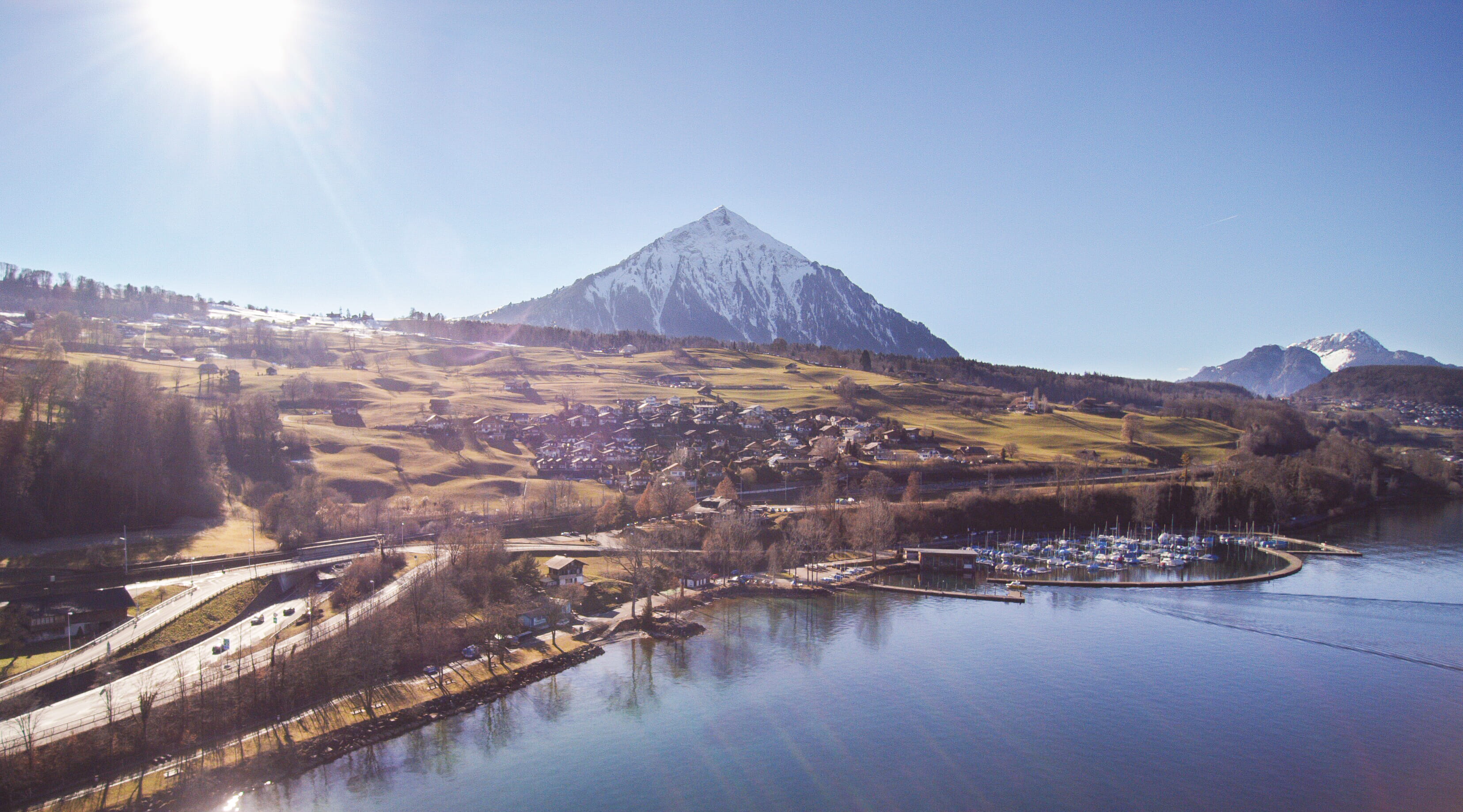 swiss, scenics - nature, bernese, yuneec, see, usa, sun, landscape, mountain range, view, nature, tranquil scene, mountain, niesen, day, new york city, HD Wallpaper