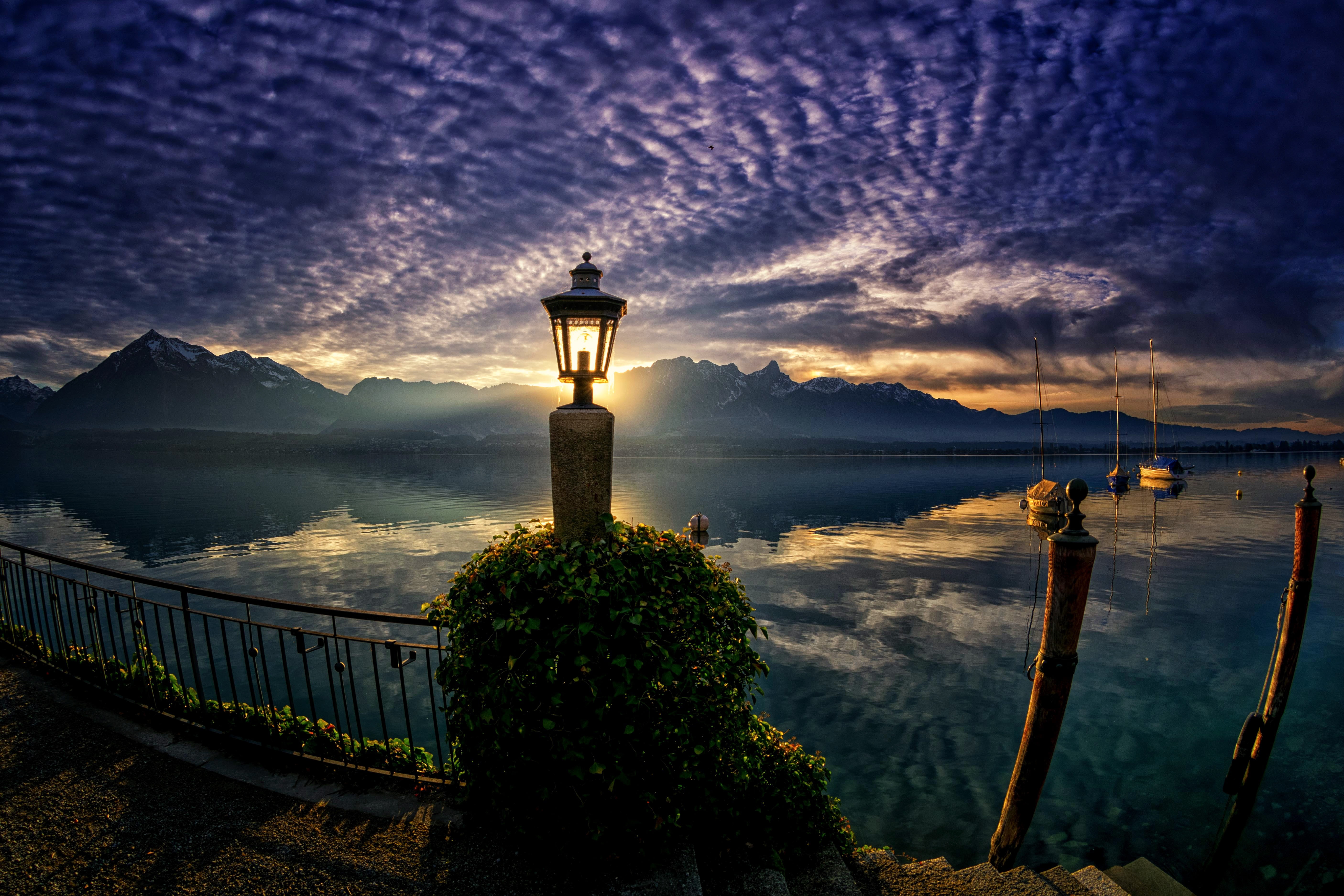 nature, landscape, Thunersee, lantern, mountains, 5K, Switzerland, boats, Lake Thun, sunset, HD Wallpaper