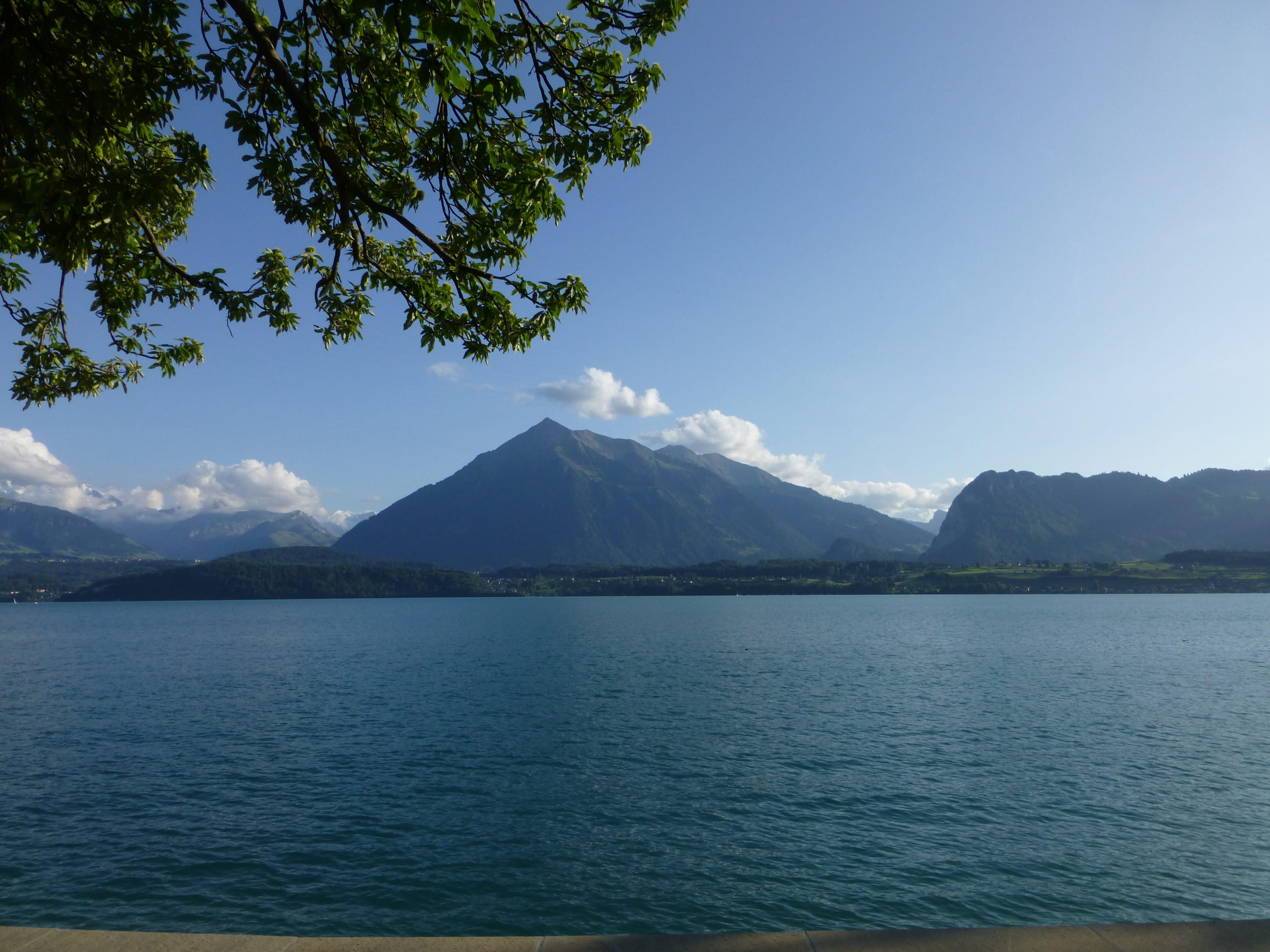 lake, tranquility, 4K, sky, water, idyllic, lake thun, nature, tree, blue, purity, plant, no people, mountain peak, scenics - nature, beauty in nature, HD Wallpaper