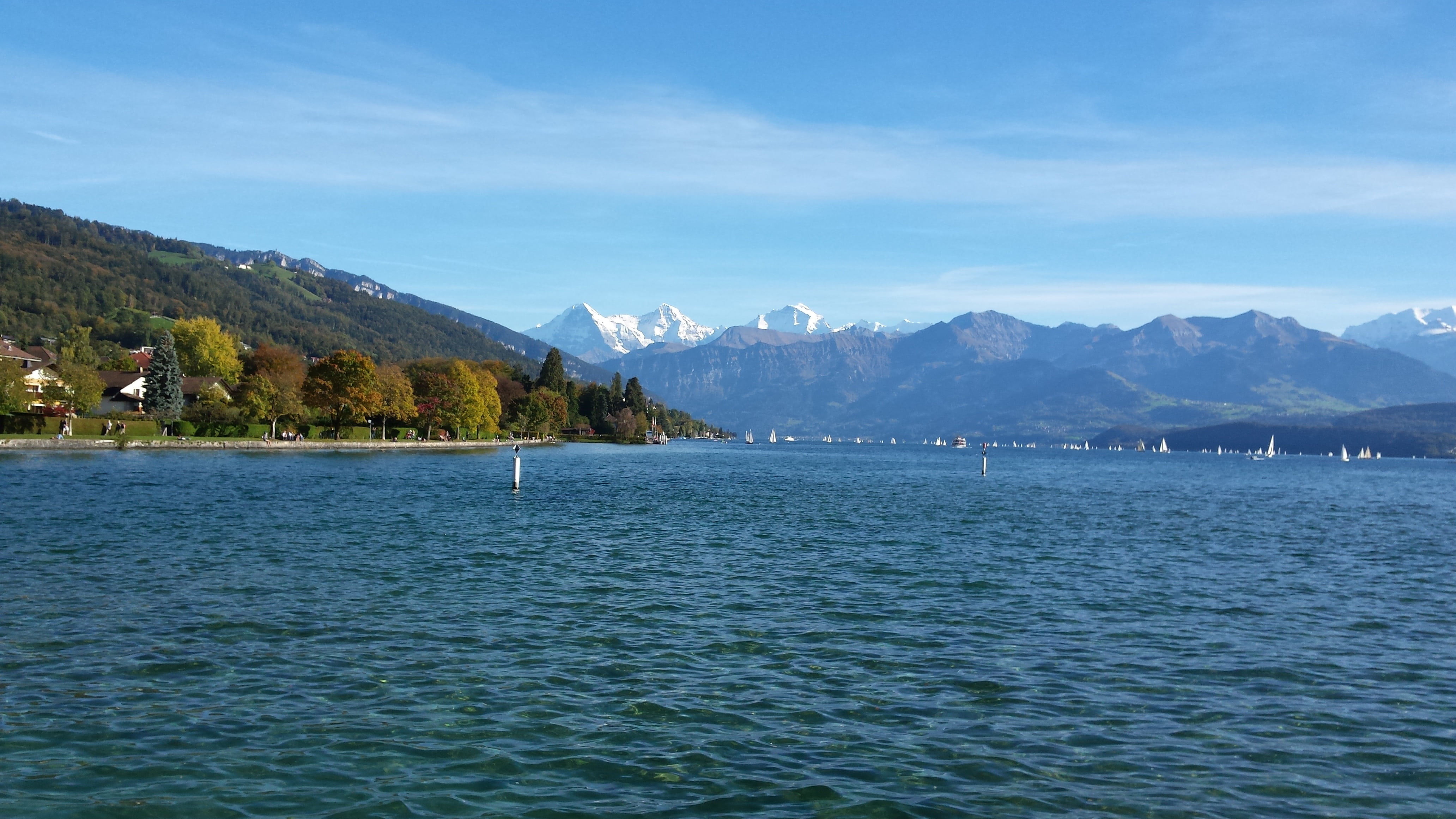 view into land, cloud - sky, water, mountain, nature, sunday afternoon, 4K, plant, beauty in nature, lake, scenics, waterfront, idyllic, lake of thun, HD Wallpaper